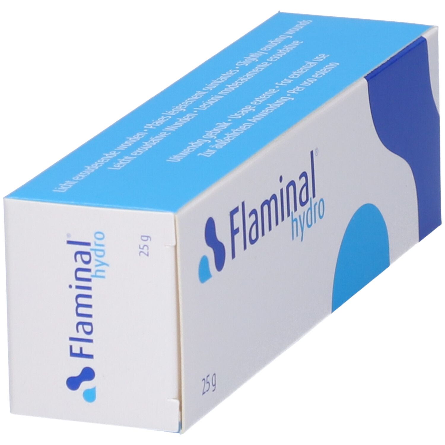 Scatola con nome e logo del prodotto. Colori blu e bianco. Scritta '25 g'. Vista prospettica.