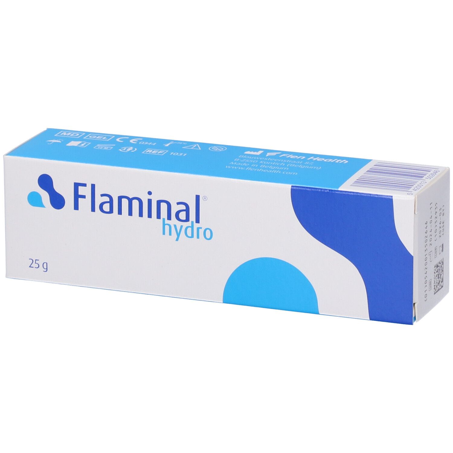 Scatola con nome e logo del prodotto. Colori blu e bianco. Scritta '25 g'. Vista prospettica.