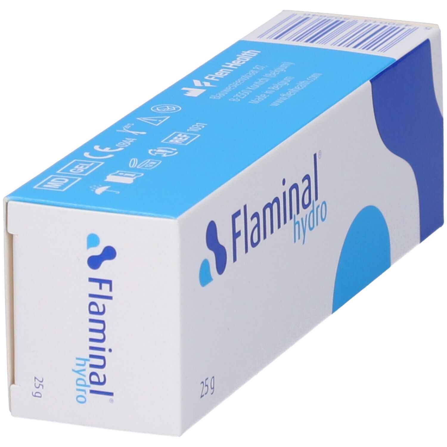 Scatola con nome e logo del prodotto. Colori blu e bianco. Scritta '25 g'. Vista prospettica.