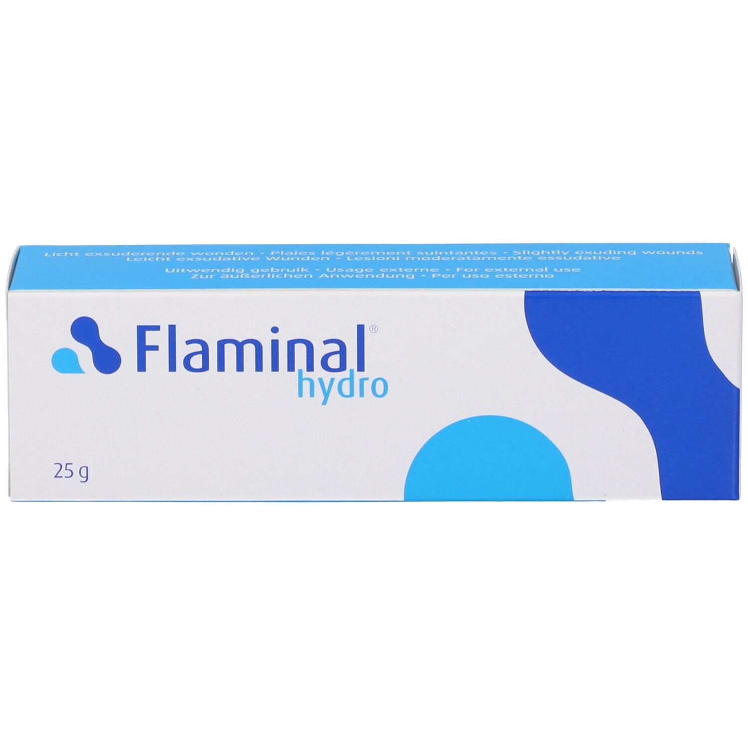 Scatola con nome e logo del prodotto. Colori blu e bianco. Scritta '25 g'.