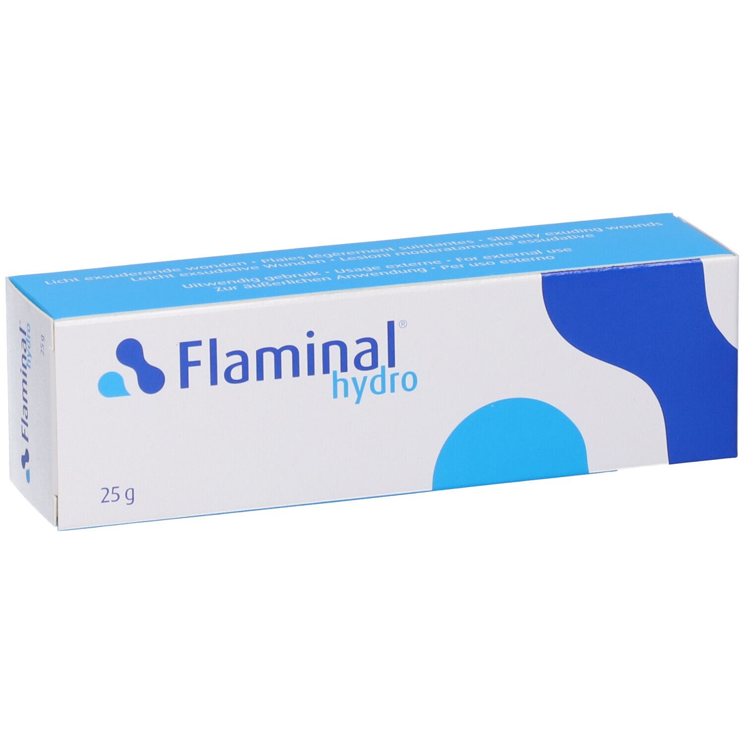Scatola con nome e logo del prodotto. Colori blu e bianco. Scritta '25 g'.