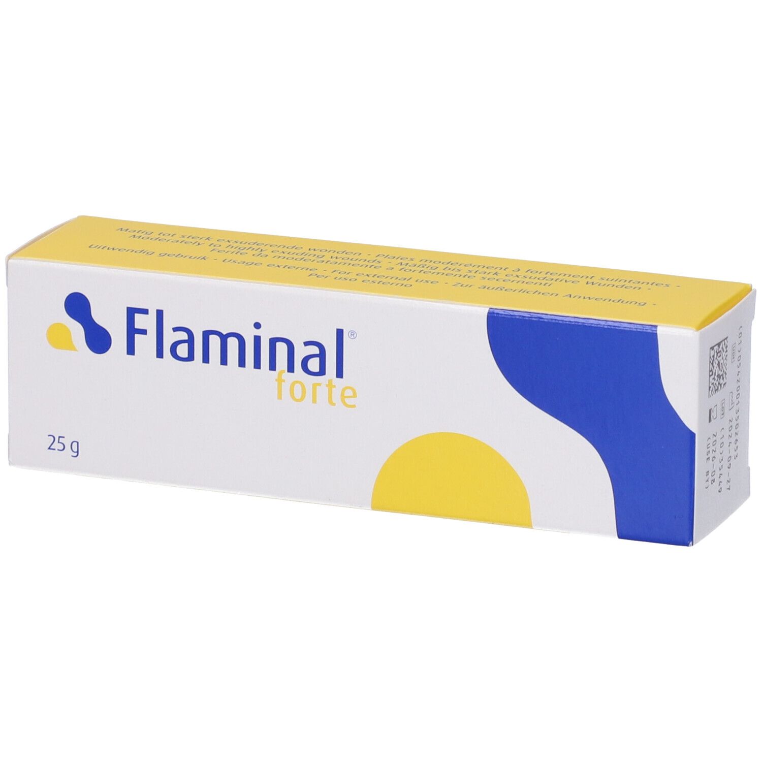Confezione del prodotto. Stampa: Flaminal forte, 25 g. Elementi di design blu e gialli.