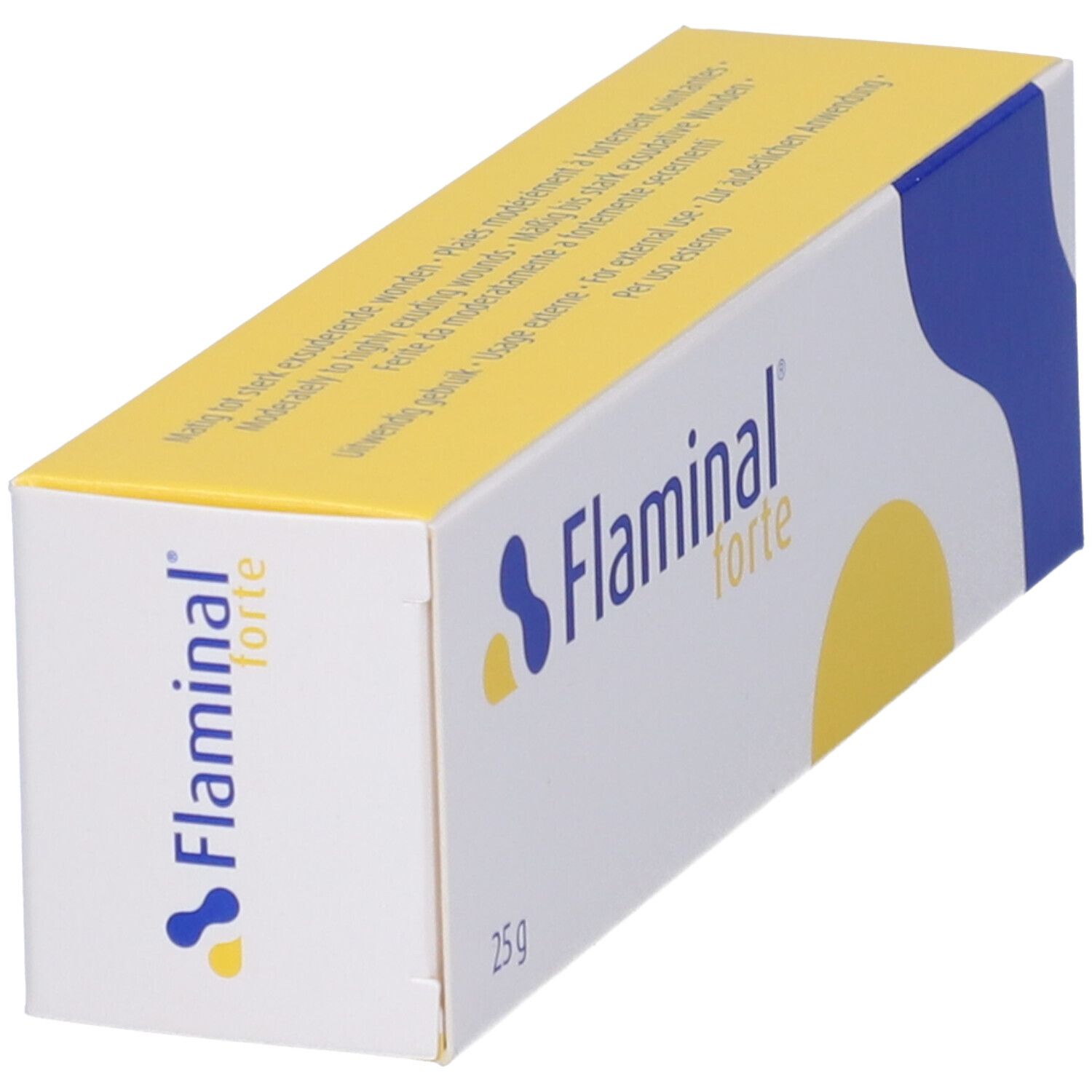 Confezione del prodotto. Stampa: Flaminal forte, 25 g. Elementi di design blu e gialli. Confezione inclinata.