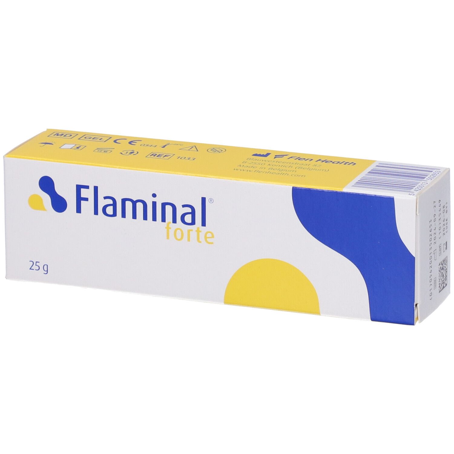 Confezione del prodotto. Stampa: Flaminal forte, 25 g. Elementi di design blu e gialli. Simboli medici.