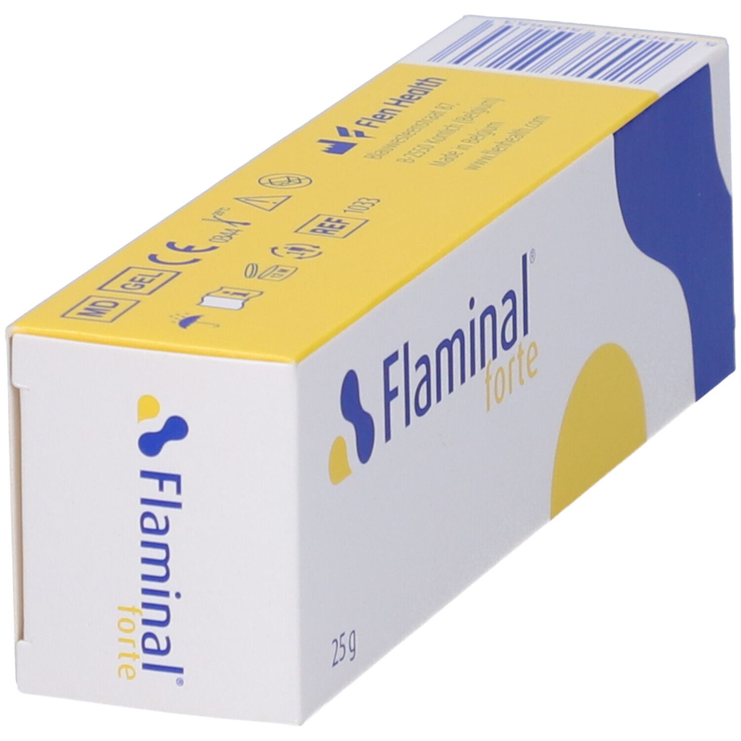 Confezione del prodotto. Stampa: Flaminal forte, 25 g. Elementi di design blu e gialli. Confezione inclinata.