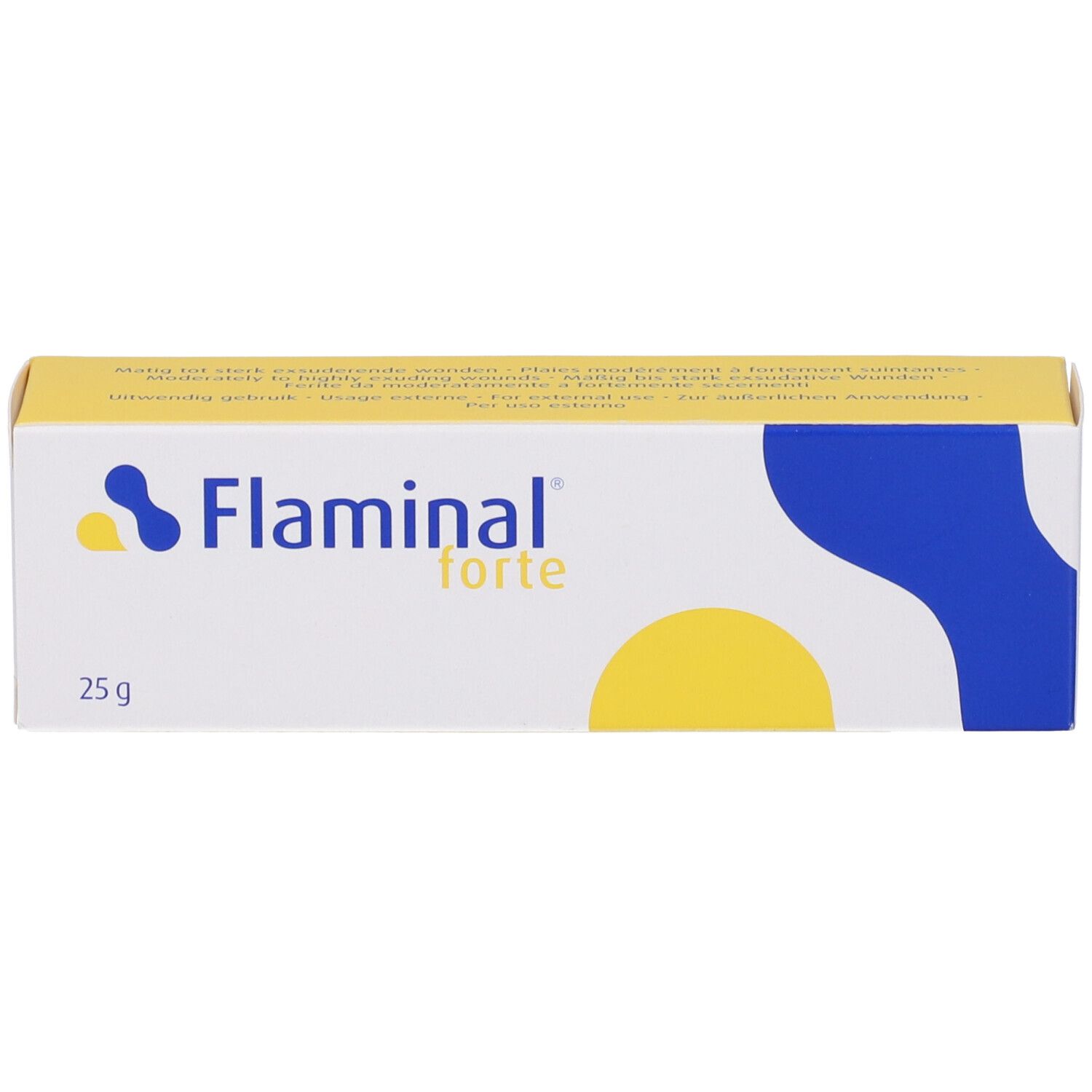 Confezione del prodotto. Stampa: Flaminal forte, 25 g. Elementi di design blu e gialli.