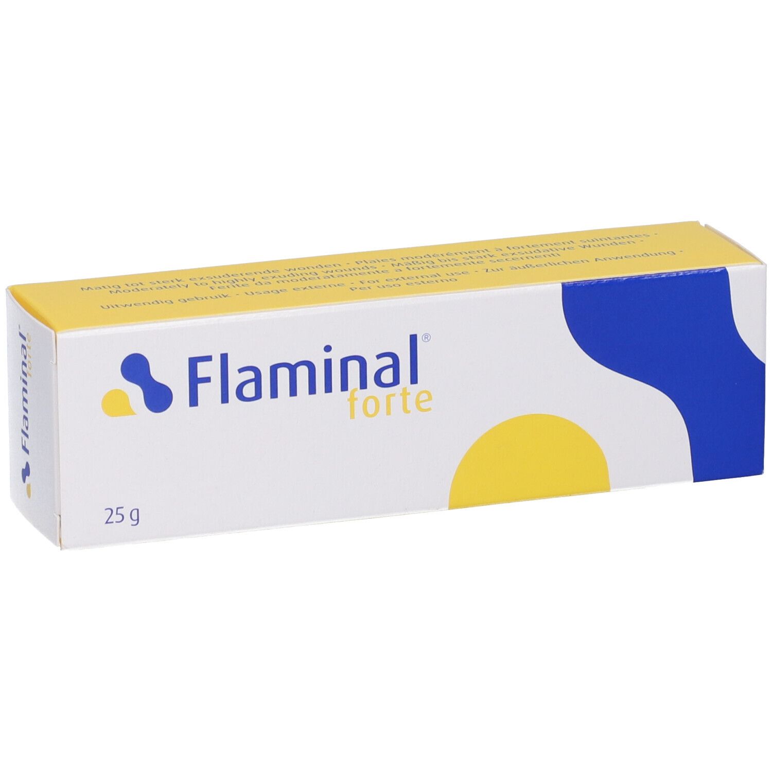 Confezione del prodotto. Stampa: Flaminal forte, 25 g. Elementi di design blu e gialli.