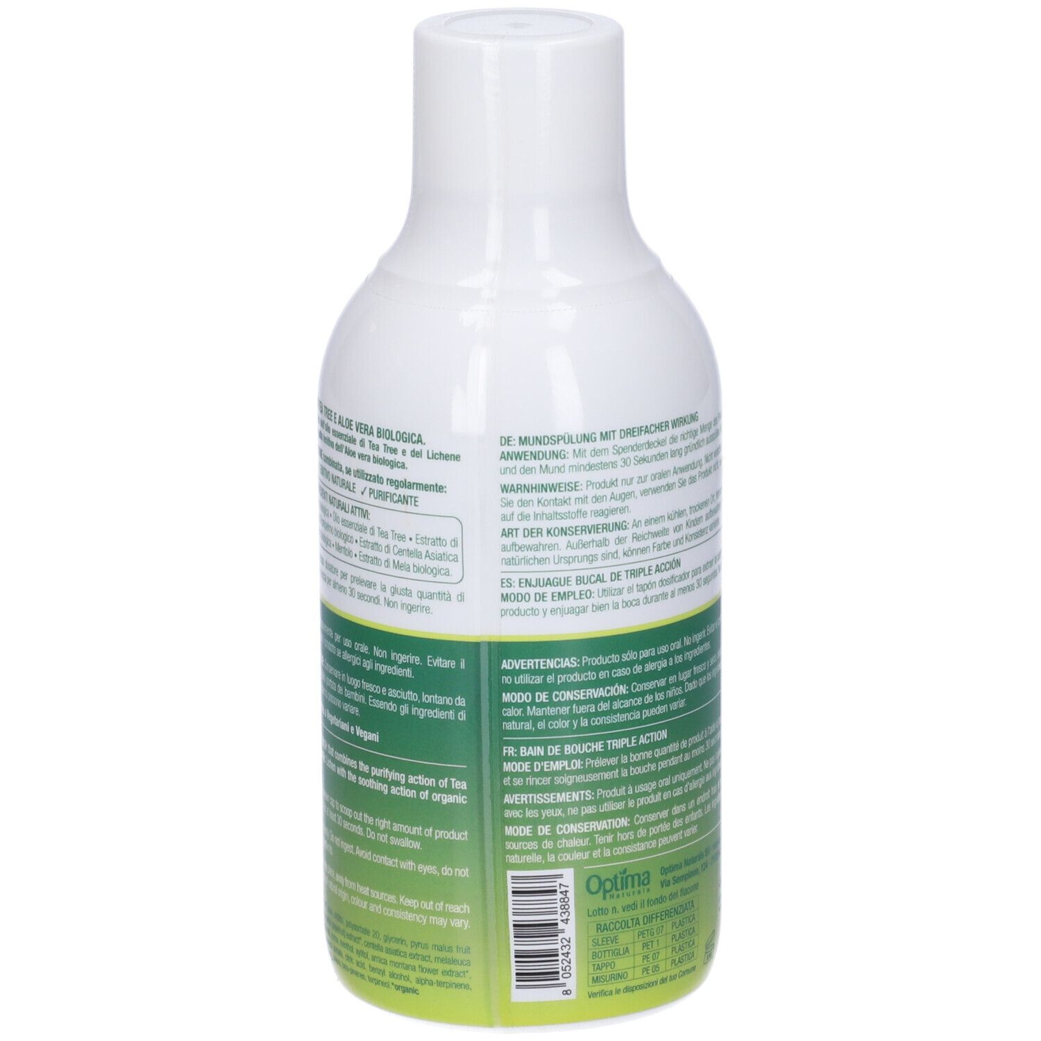Retro del flacone bianco con etichetta verde. Testo multilingue. 400ml.