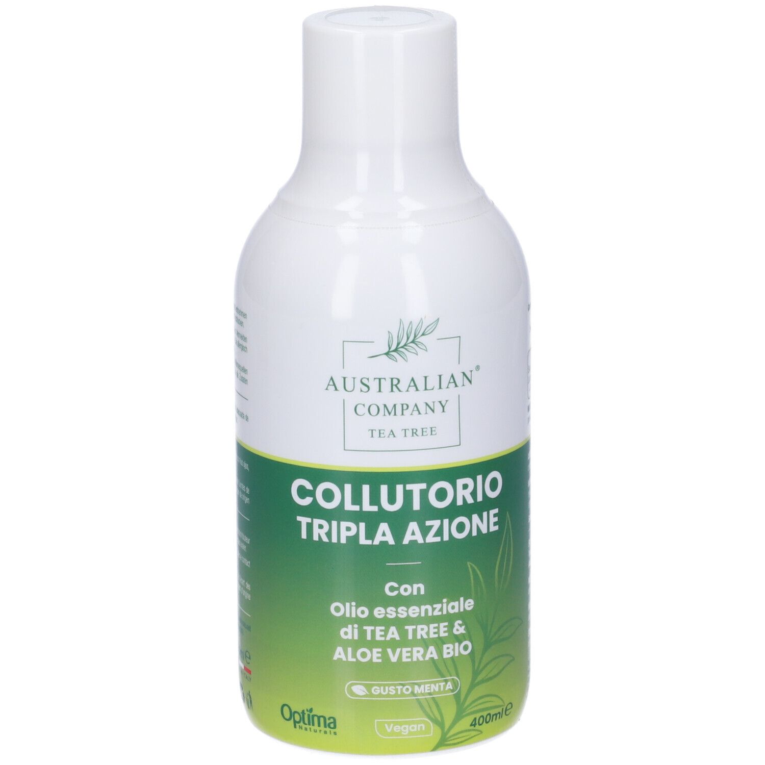 Flacone bianco con etichetta verde. Scritta: Australian Company, Collutorio Tripla Azione, Tea Tree. 400ml.