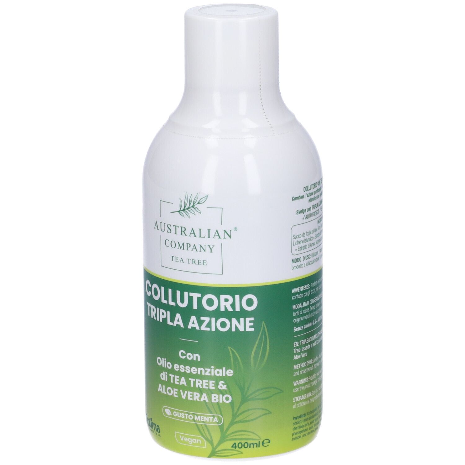 Flacone bianco con etichetta verde. Scritta: Australian Company, Collutorio Tripla Azione, Tea Tree. 400ml.