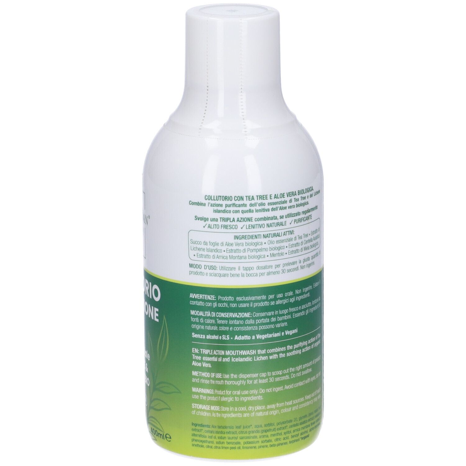 Retro del flacone bianco con etichetta verde. Testo multilingue. 400ml.