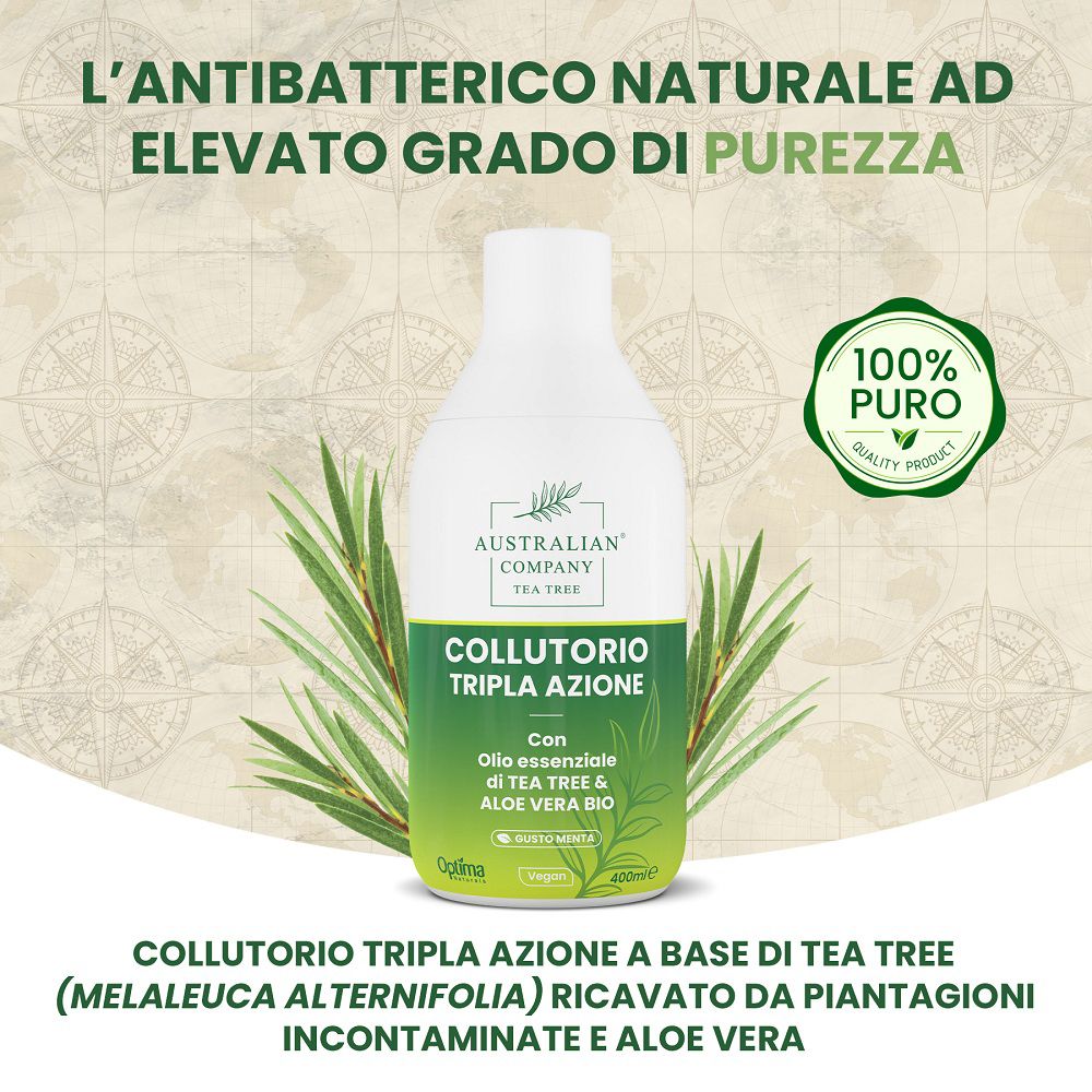 Flacone di collutorio con olio di tea tree, aloe vera e sigillo '100% Puro'.