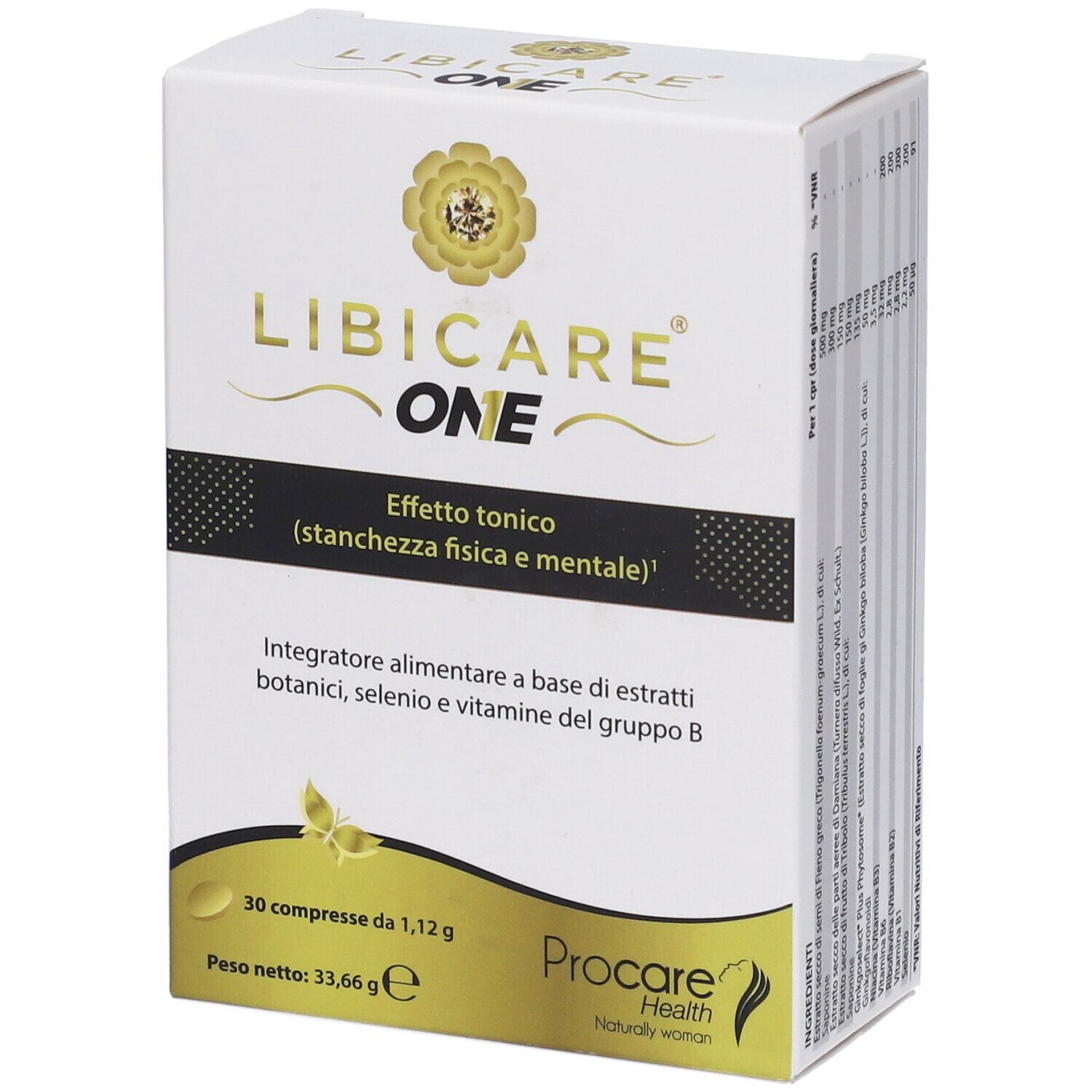 Scatola di Libicare One. Contiene 30 compresse. Scritto: Integratore alimentare a base di estratti botanici, seleni e vitamine del gruppo B.