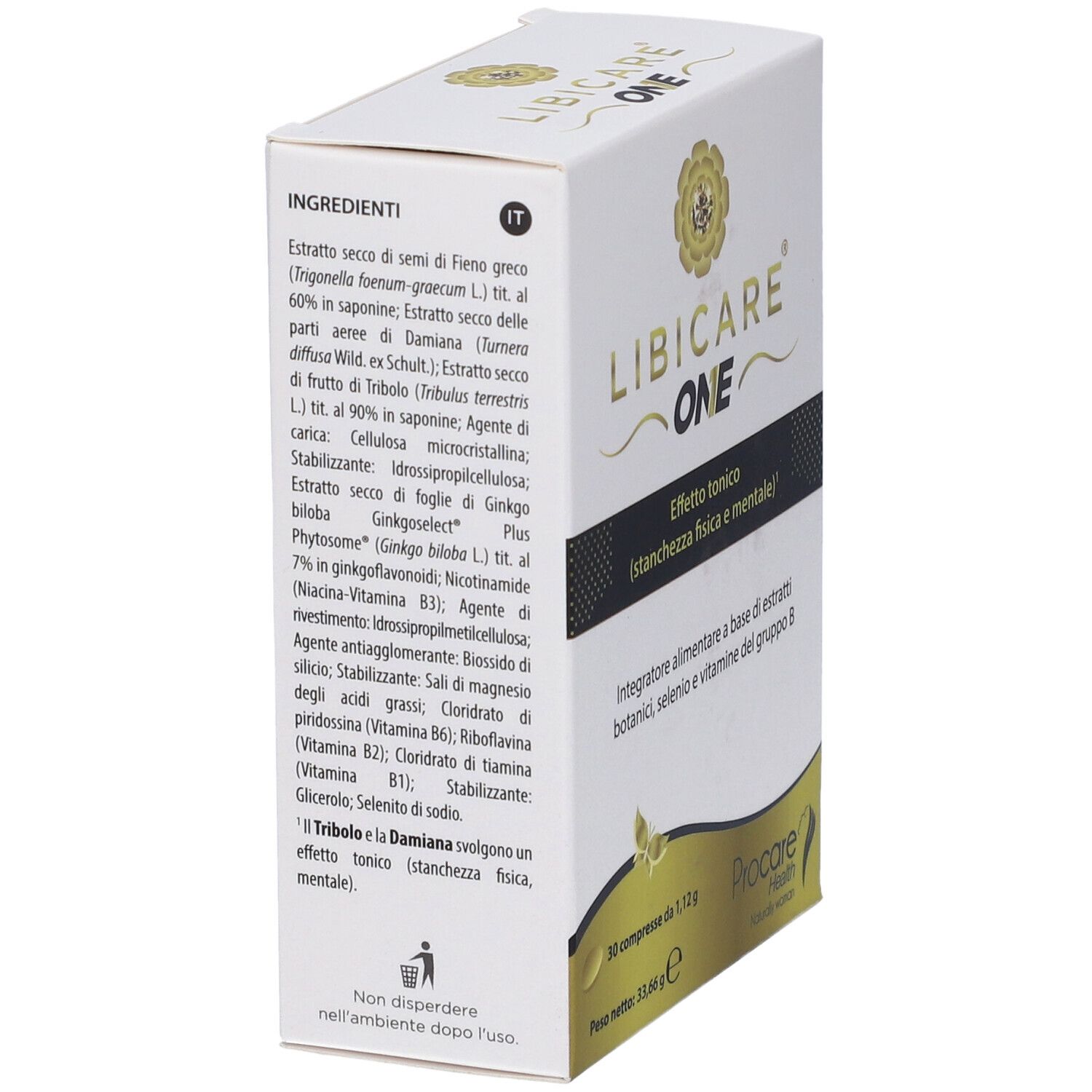 Scatola Libicare One. Elenco ingredienti in italiano. Contiene estratti vegetali, selenio e vitamine B. Produttore: Procare Health.