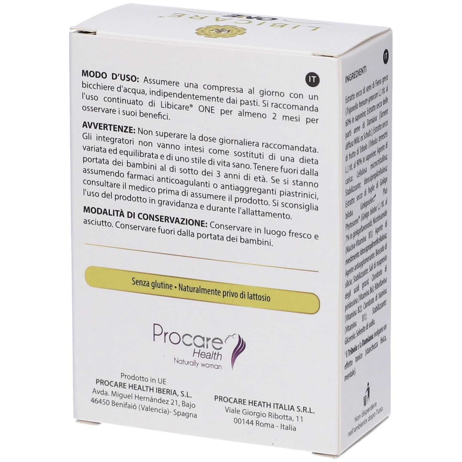 Scatola Libicare One. Istruzioni per l'uso in italiano. Contiene istruzioni per l'uso e la conservazione. Produttore: Procare Health.
