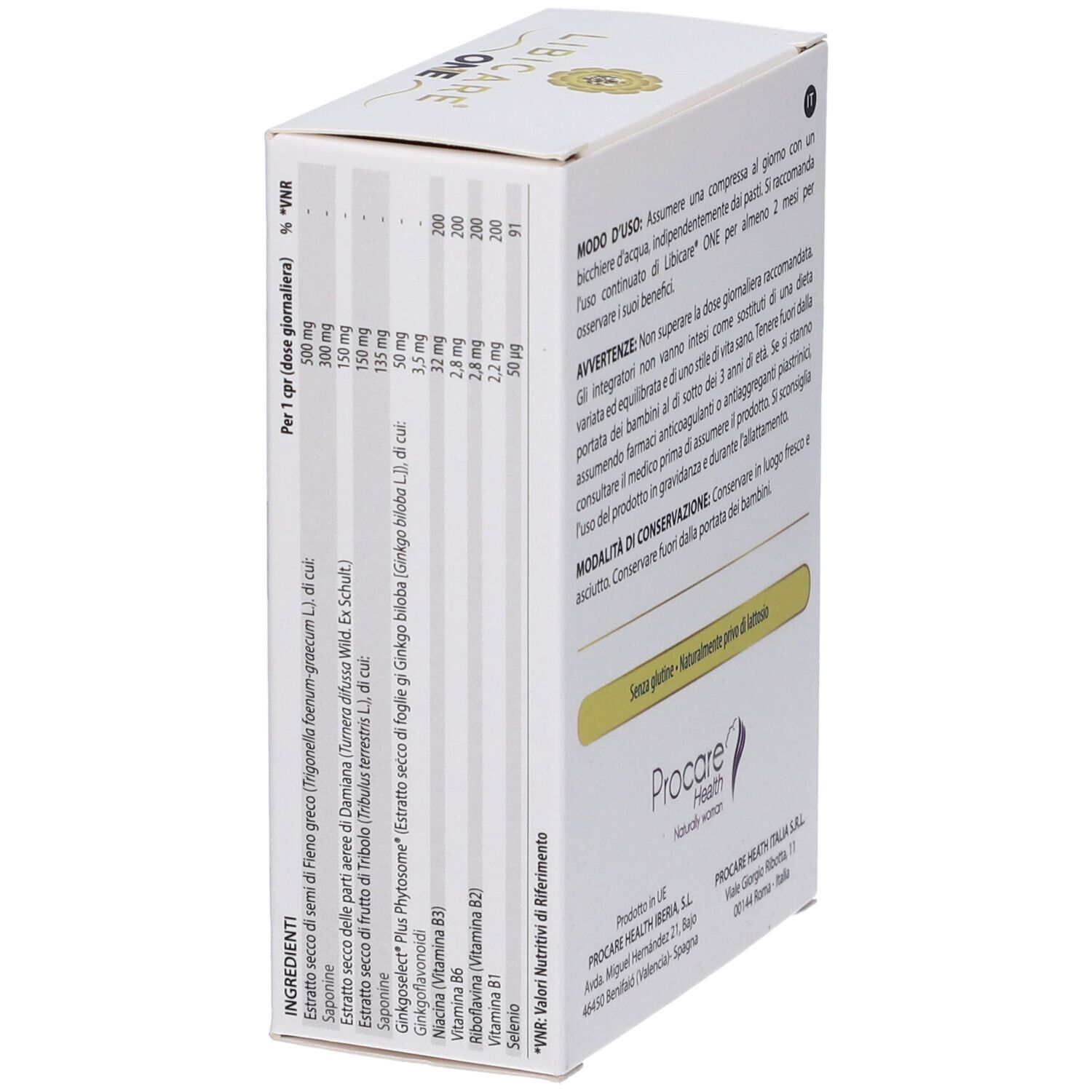 Scatola Libicare One. Tabella nutrizionale in italiano. Contiene informazioni su vitamine e minerali. Produttore: Procare Health.