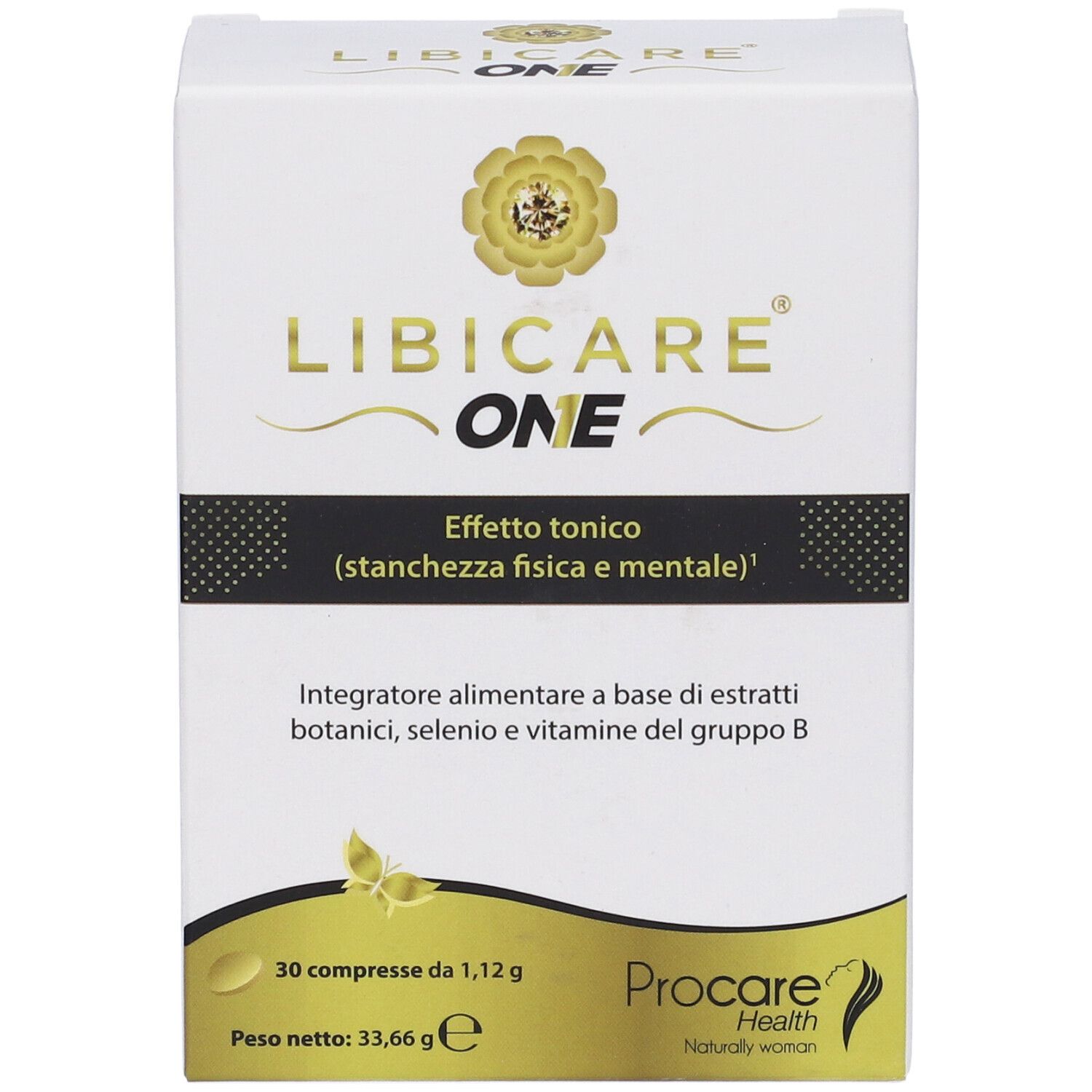 Scatola di Libicare One. Contiene 30 compresse. Scritto: Integratore alimentare a base di estratti botanici, seleni e vitamine del gruppo B.