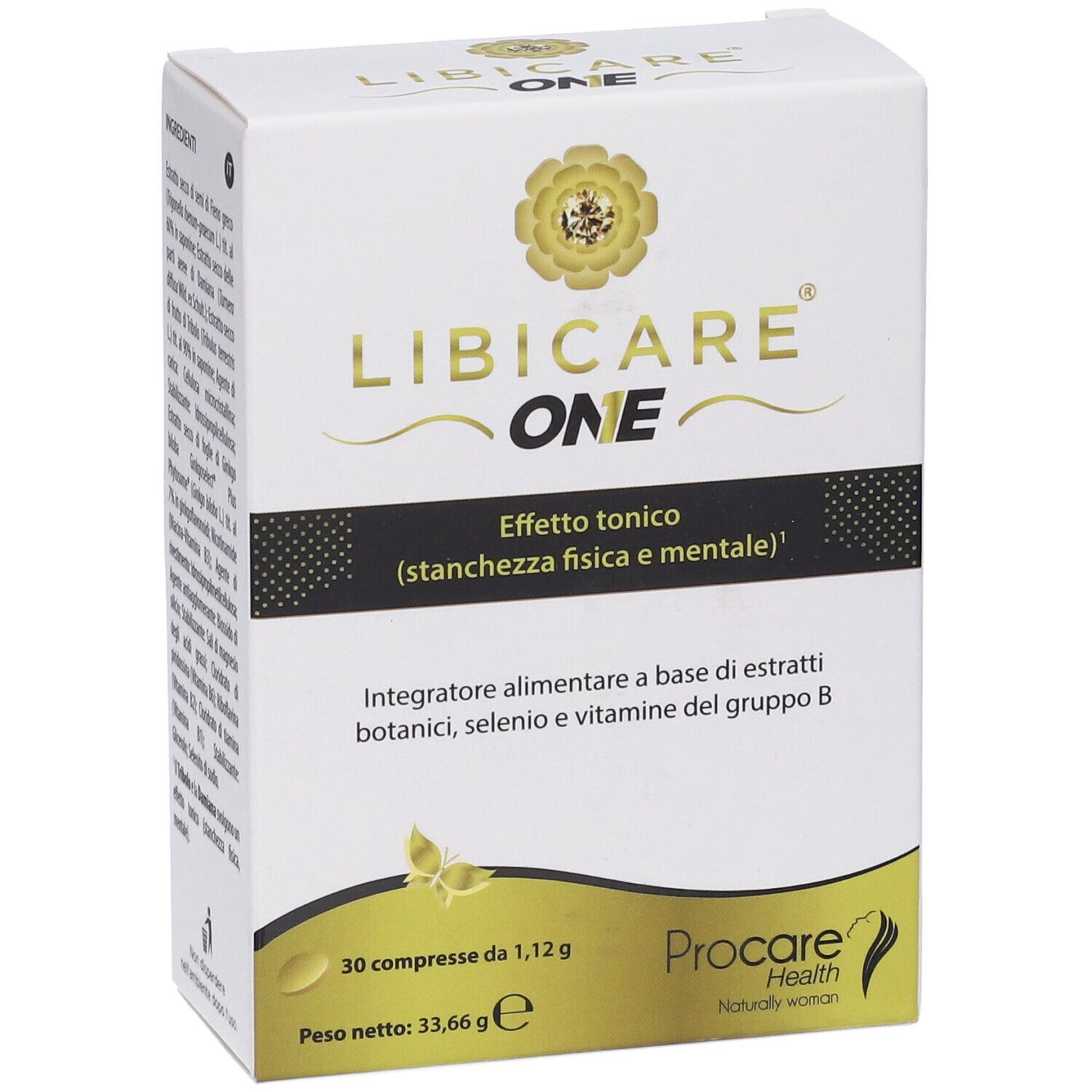 Scatola di Libicare One. Contiene 30 compresse. Scritto: Integratore alimentare a base di estratti botanici, seleni e vitamine del gruppo B.