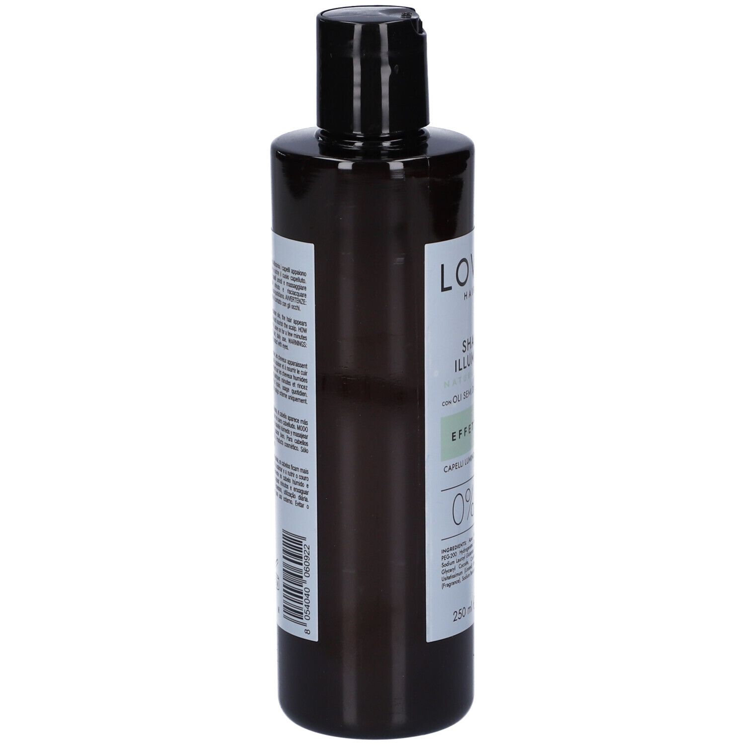 Flacone di shampoo scuro, vista laterale. Etichetta con testo e codice a barre. Tappo nero.