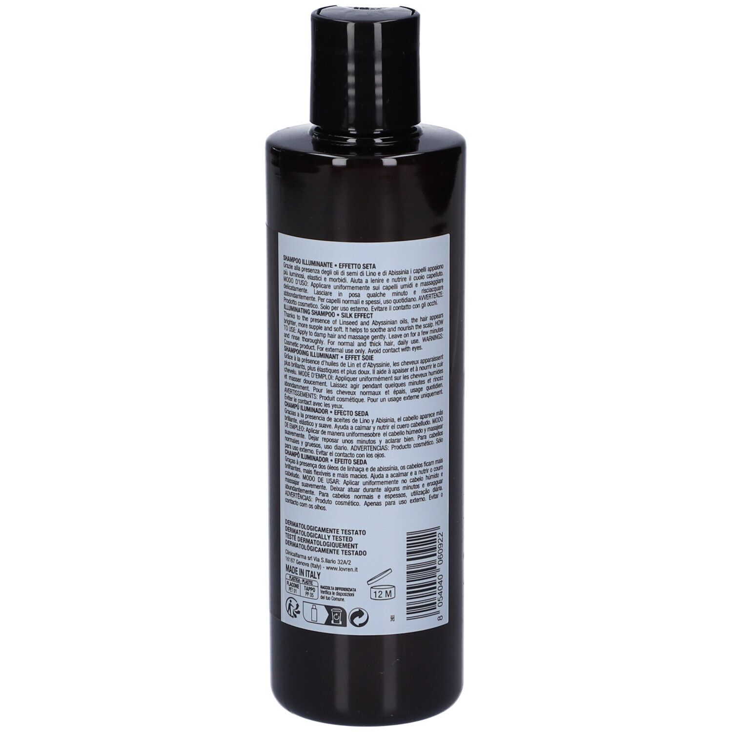 Retro del flacone di shampoo. Testo multilingue. Tappo nero. Prodotto in Italia.