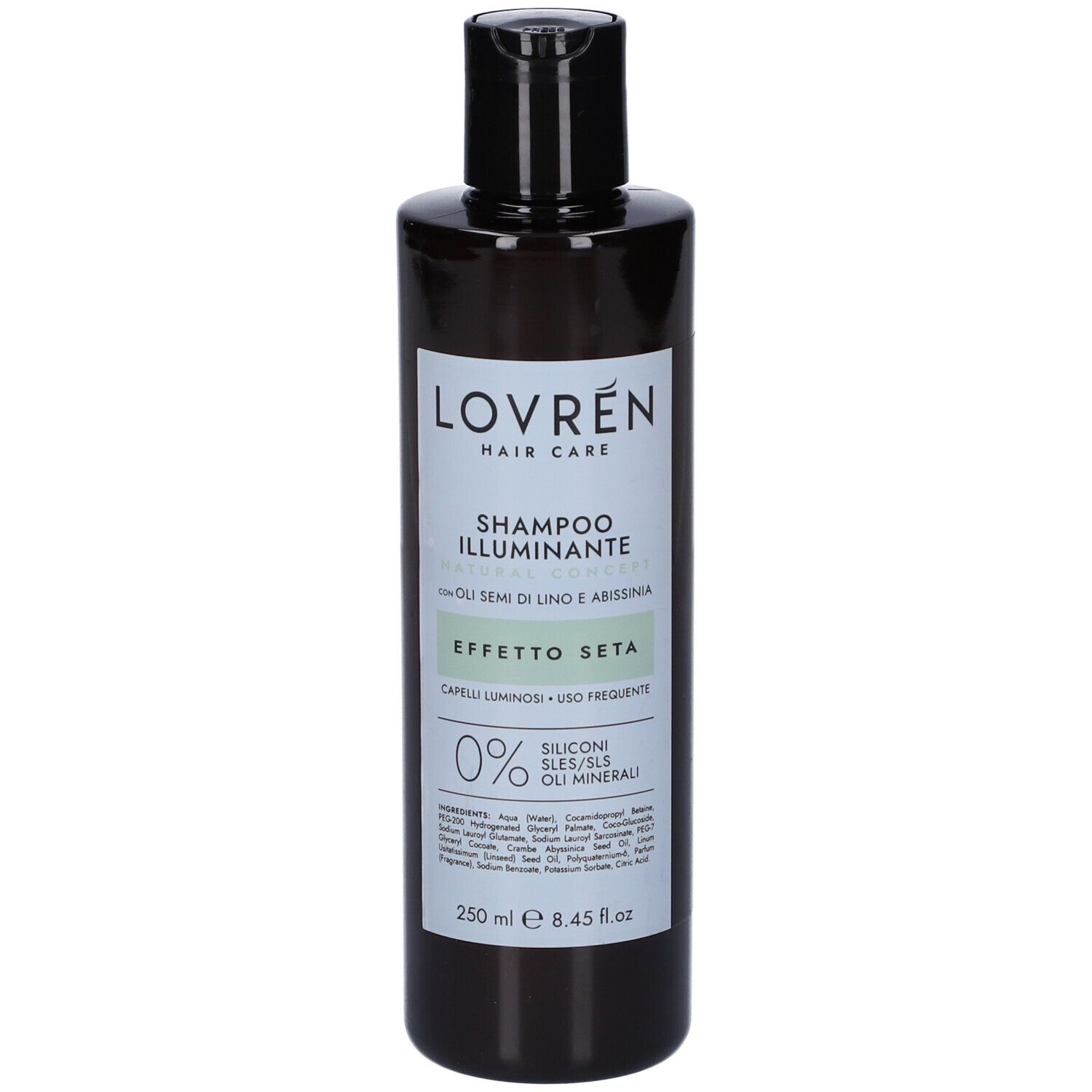 Flacone di shampoo scuro con tappo nero. Etichetta con nome del prodotto e ingredienti. 250 ml.