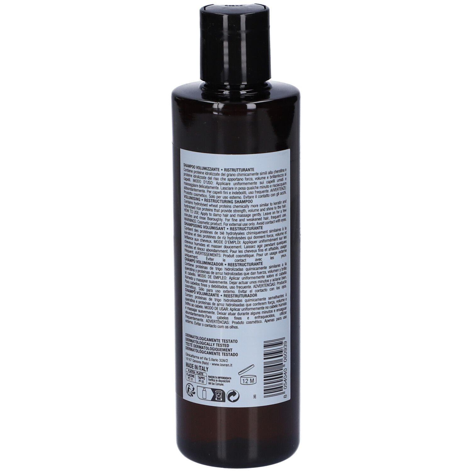 Vista posteriore di un flacone di shampoo marrone con tappo nero. Etichetta con informazioni sul prodotto e codice a barre.