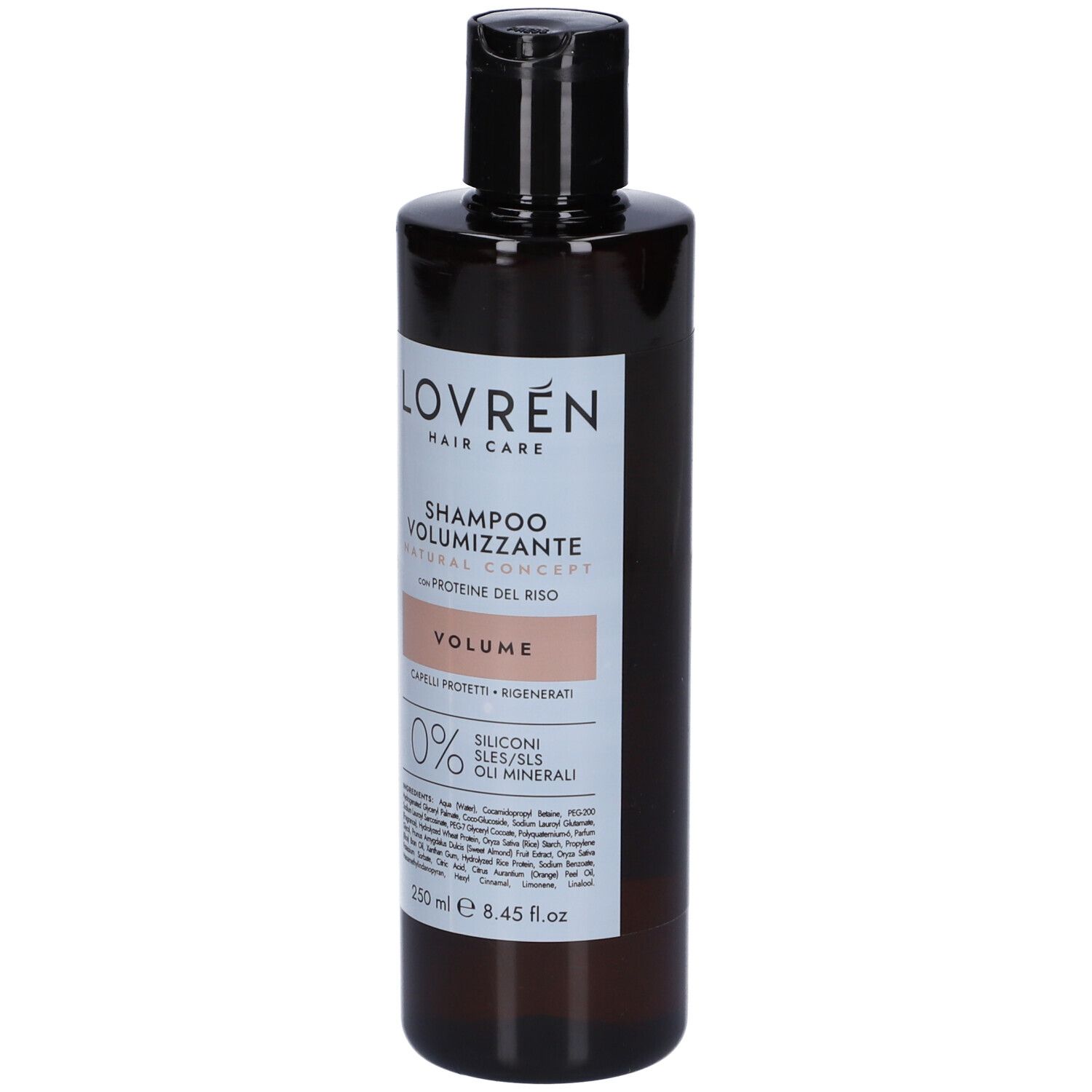 Flacone di shampoo marrone con tappo nero. Etichetta con nome del prodotto e indicazione del volume. 0% siliconi, SLES/SLS, oli minerali.