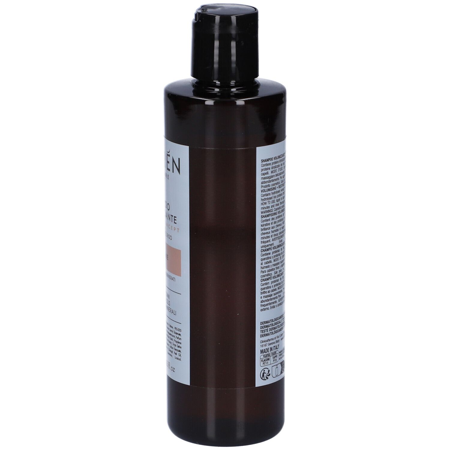Flacone di shampoo marrone con tappo nero. Etichetta con informazioni sul prodotto. Vista laterale.