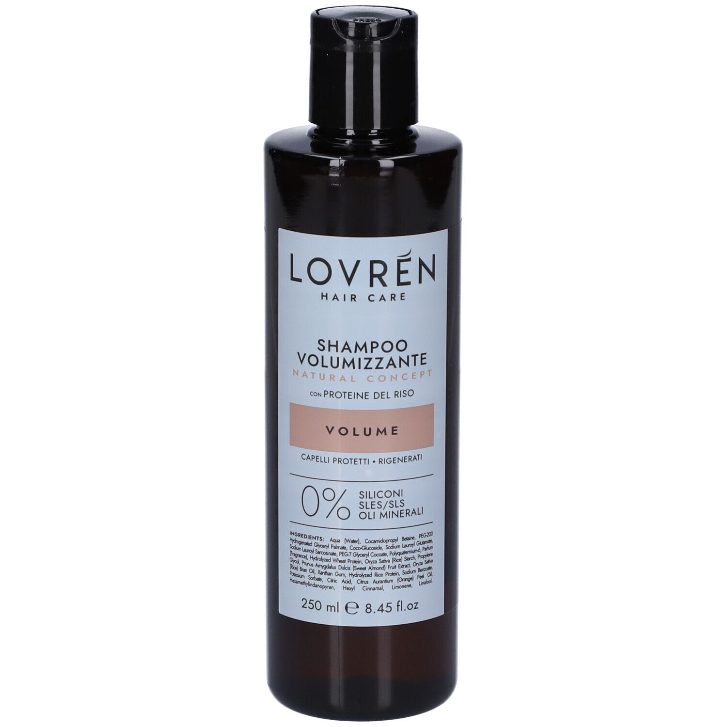 Flacone di shampoo marrone con tappo nero. Etichetta con nome del prodotto e indicazione del volume. 0% siliconi, SLES/SLS, oli minerali.