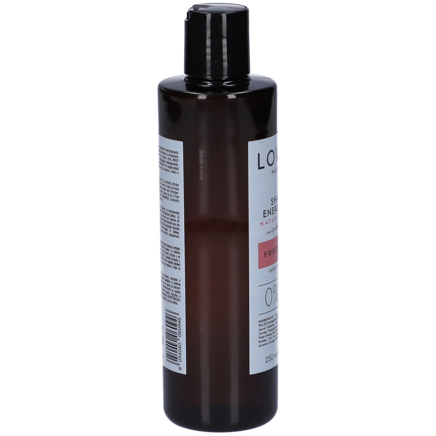 Flacone di shampoo marrone con tappo nero. Etichetta con informazioni sul prodotto e codice a barre. Vista laterale.