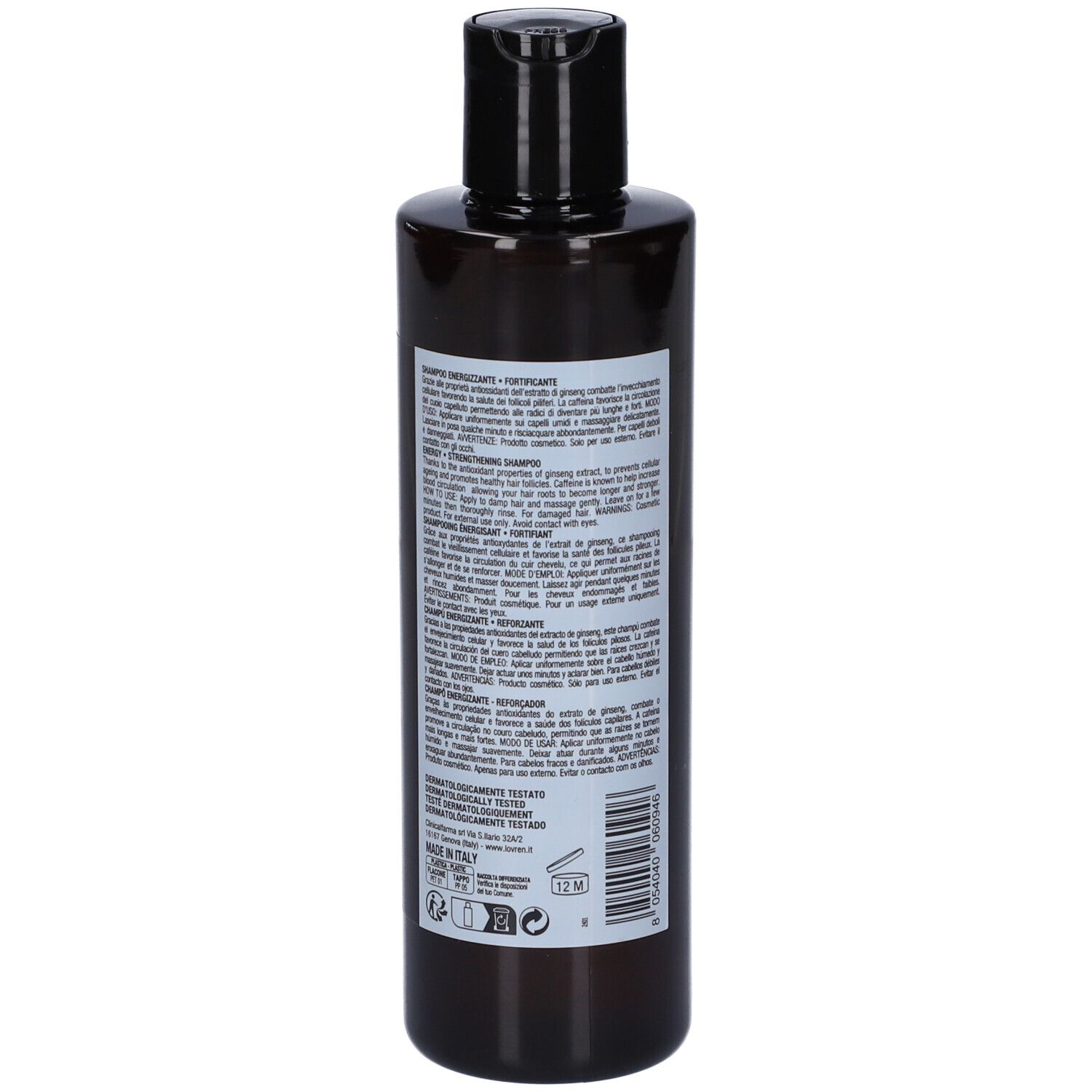 Retro del flacone di shampoo. Testo con informazioni sul prodotto e ingredienti. Prodotto in Italia.