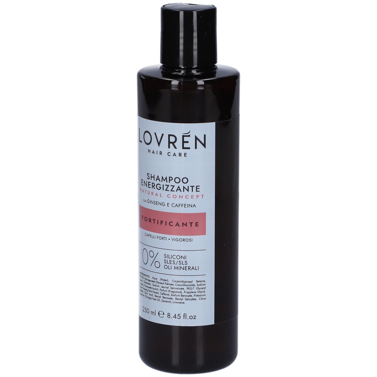 Flacone di shampoo marrone con tappo nero. Etichetta con nome del prodotto, ingredienti e logo. Vista laterale.
