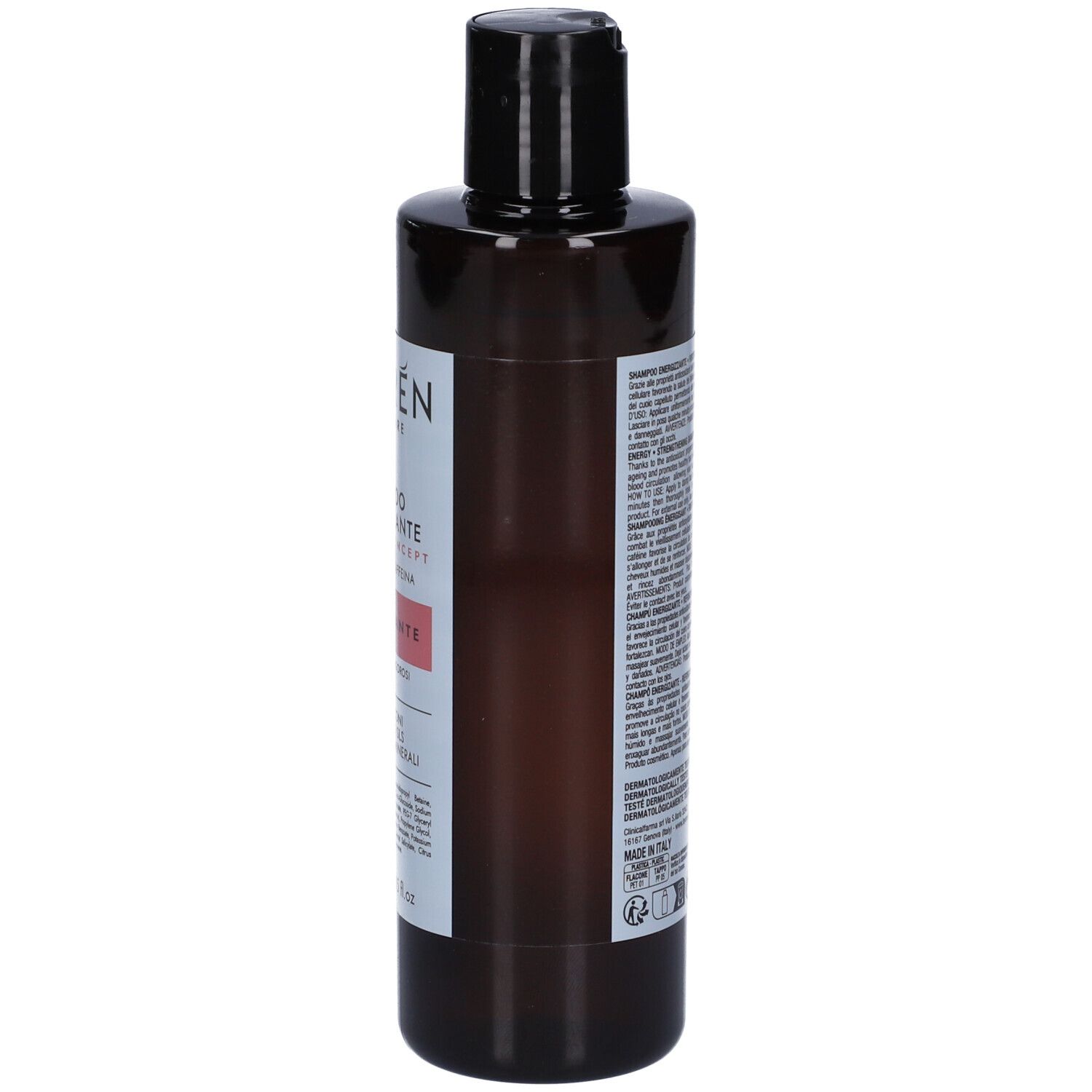 Retro del flacone di shampoo. Testo con informazioni sul prodotto e ingredienti. Prodotto in Italia.