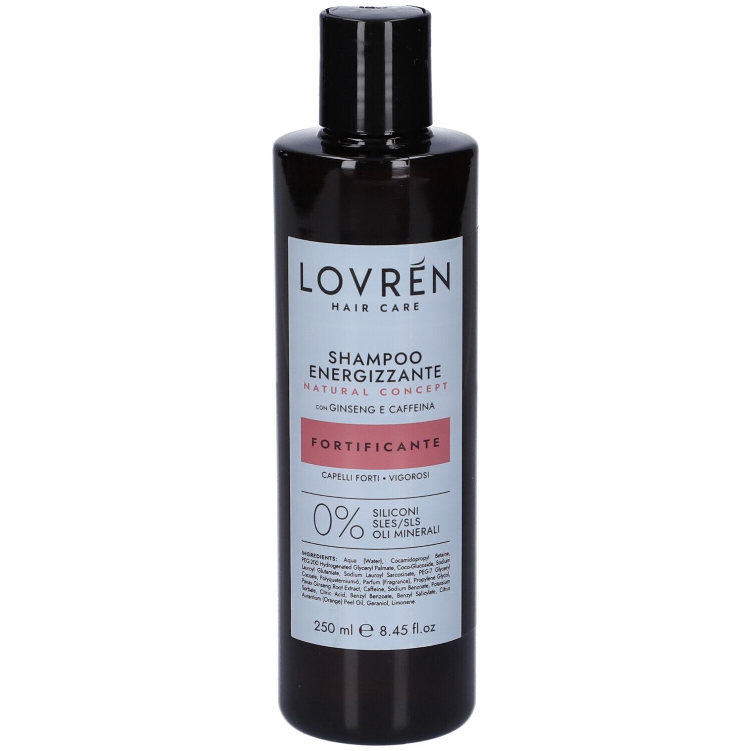 Flacone di shampoo marrone con tappo nero. Etichetta con nome del prodotto, ingredienti e logo. Vista frontale.