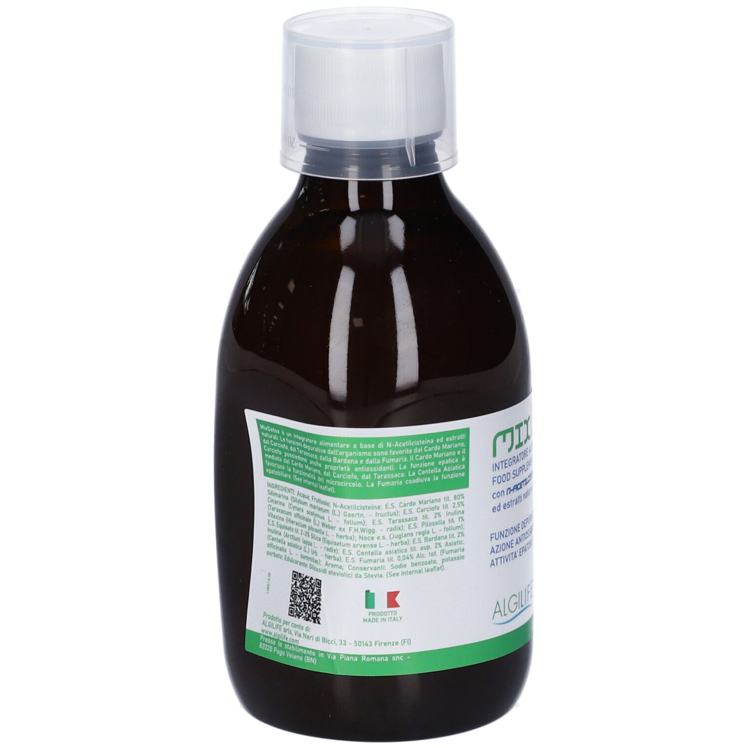 Liquido marrone in bottiglia con tappo bianco. Etichetta con testo. Algilife Mixdetox.