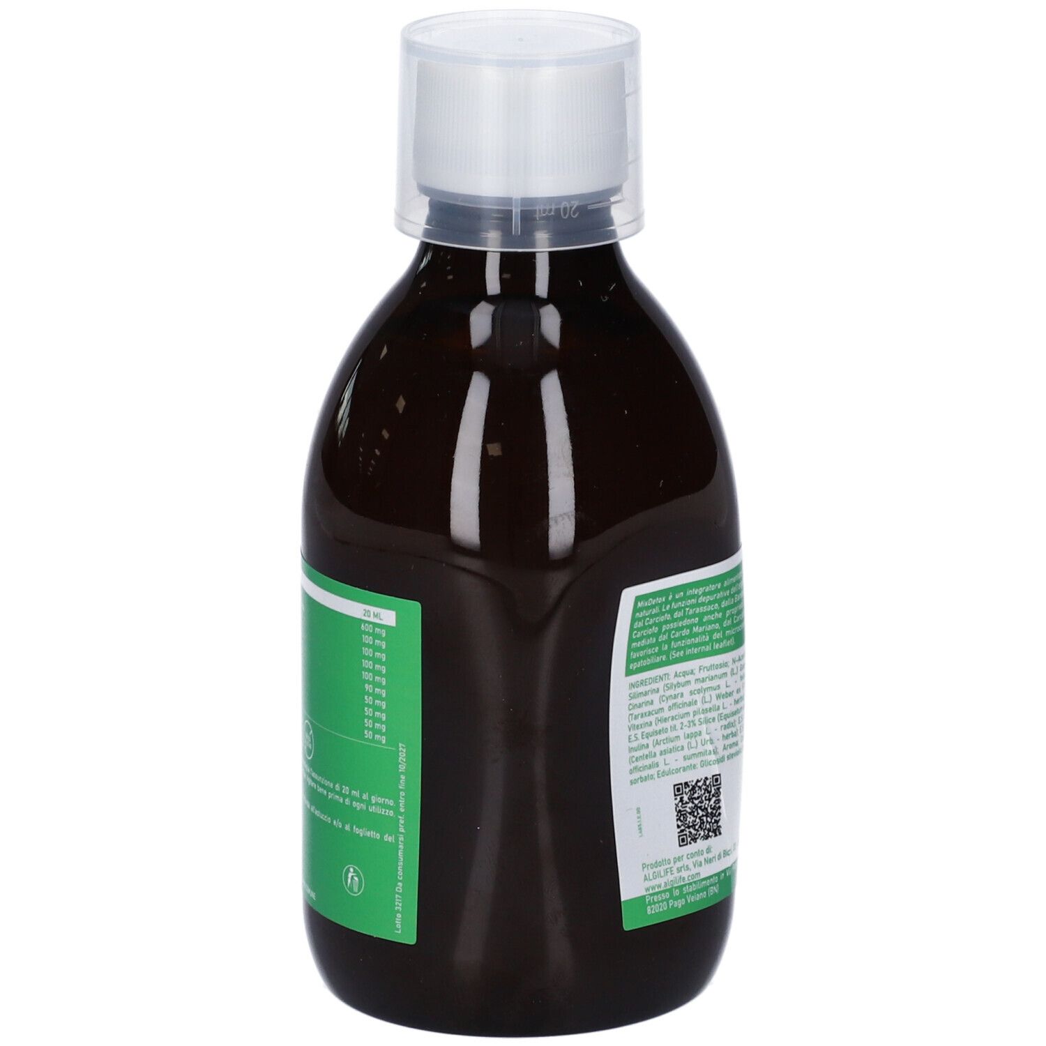 Liquido marrone in bottiglia con tappo bianco. Etichetta con testo e QR code. Algilife Mixdetox.