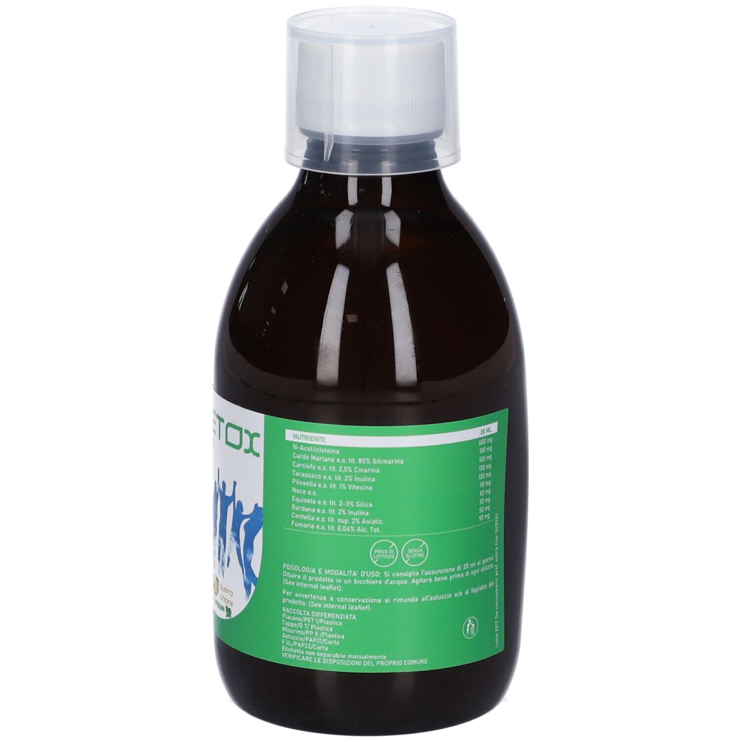 Liquido marrone in bottiglia con tappo bianco. Etichetta con testo. Algilife Mixdetox.