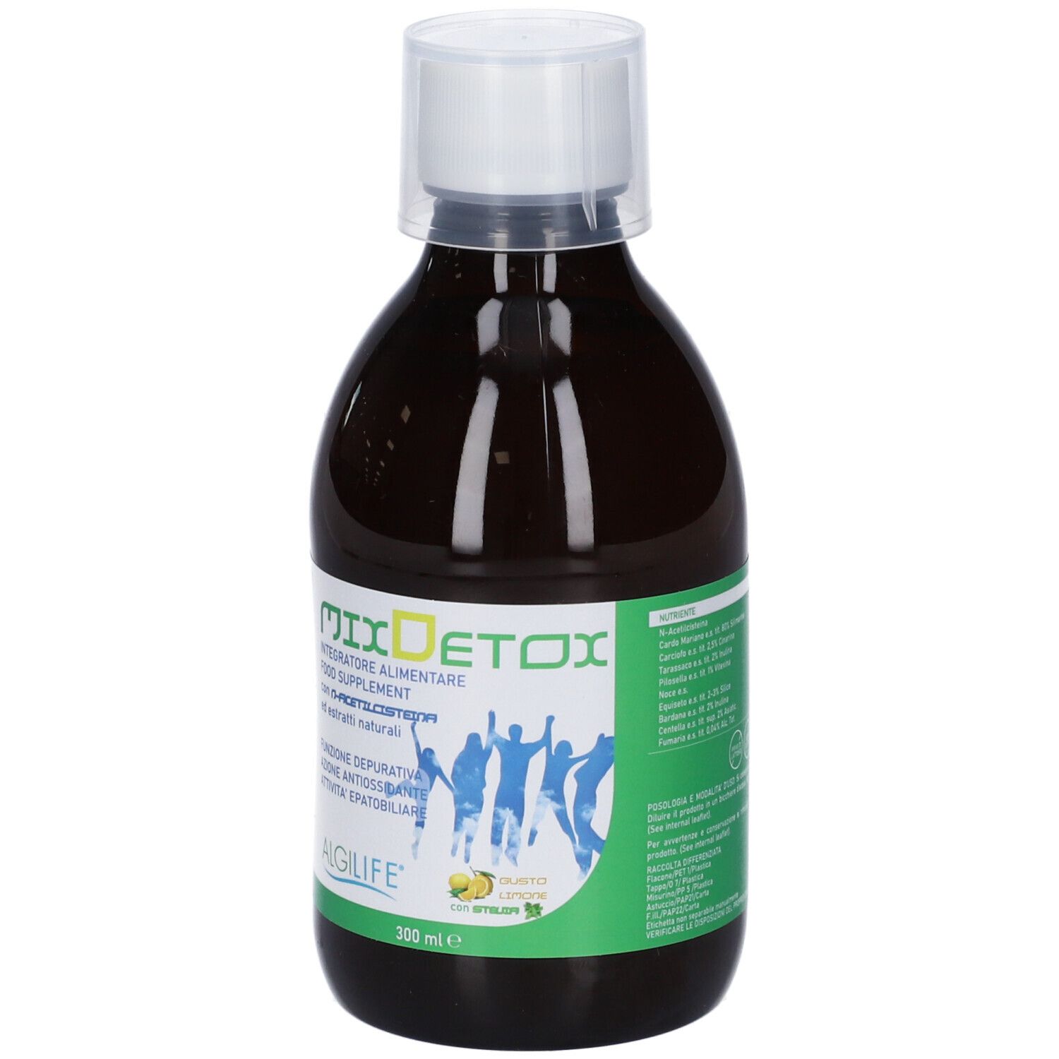 Liquido marrone in bottiglia con tappo bianco. Etichetta con testo e logo. Algilife Mixdetox.