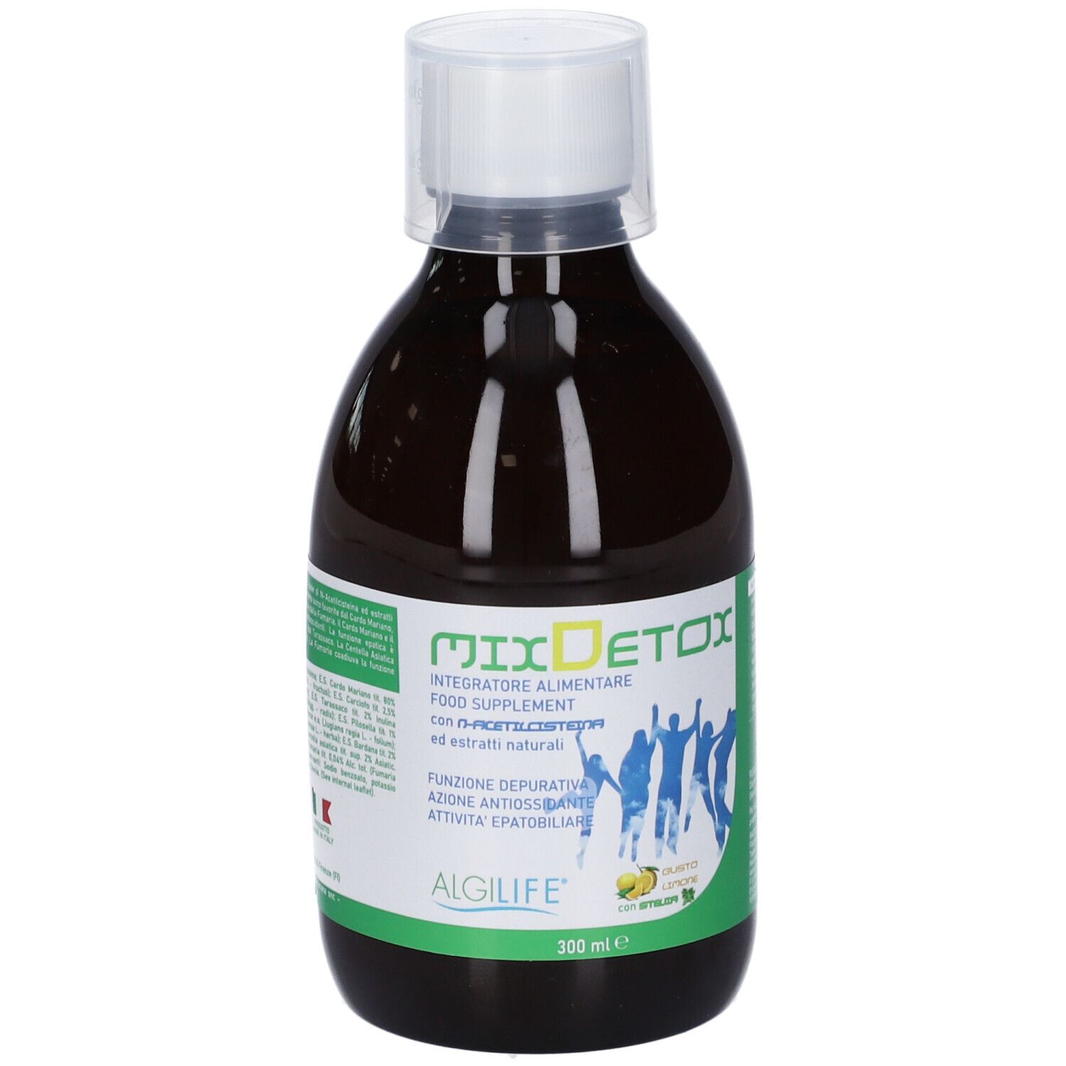 Liquido marrone in bottiglia con tappo bianco. Etichetta con testo e logo. Algilife Mixdetox.