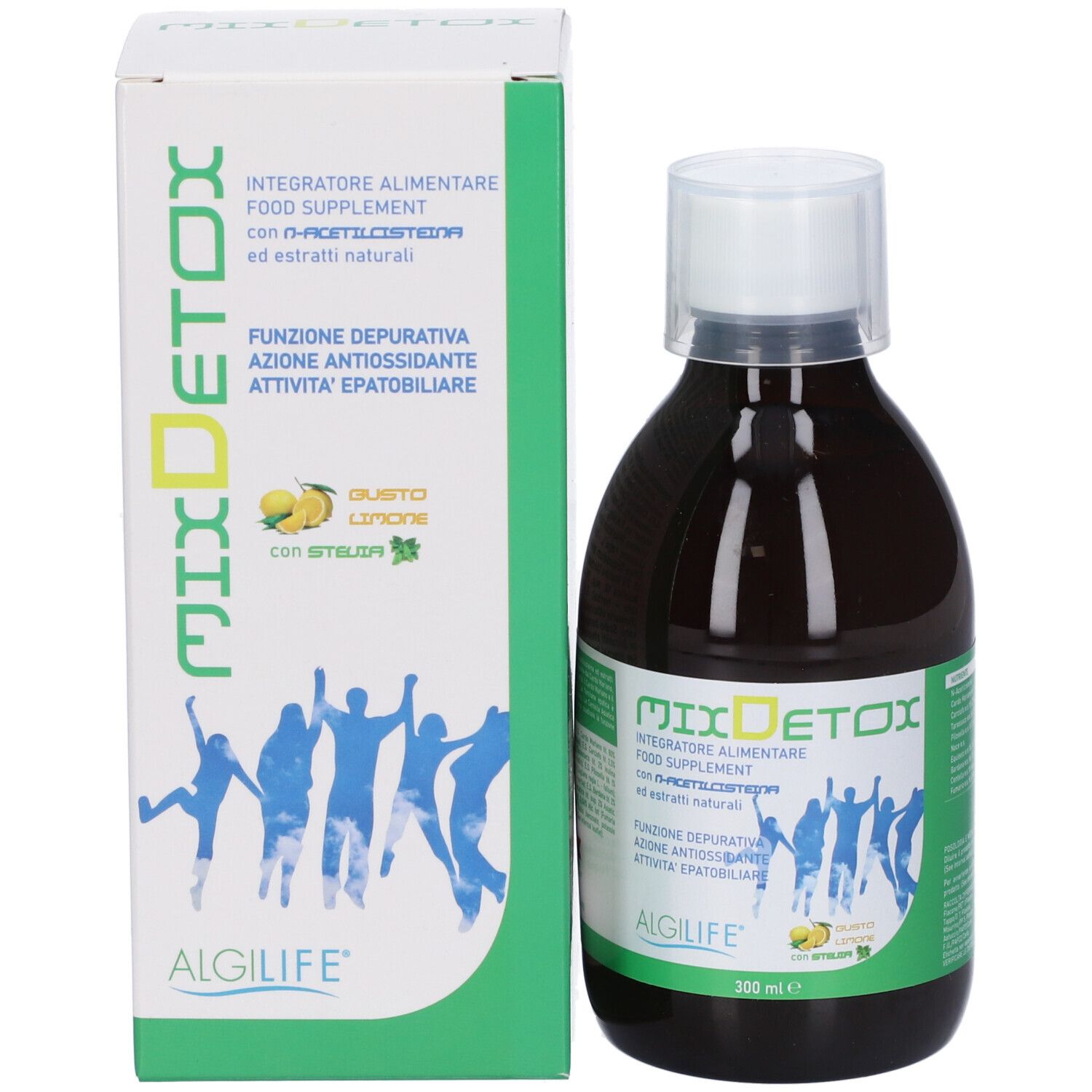 Bottiglia e scatola Algilife Mixdetox. Bottiglia con liquido marrone, tappo bianco ed etichetta.