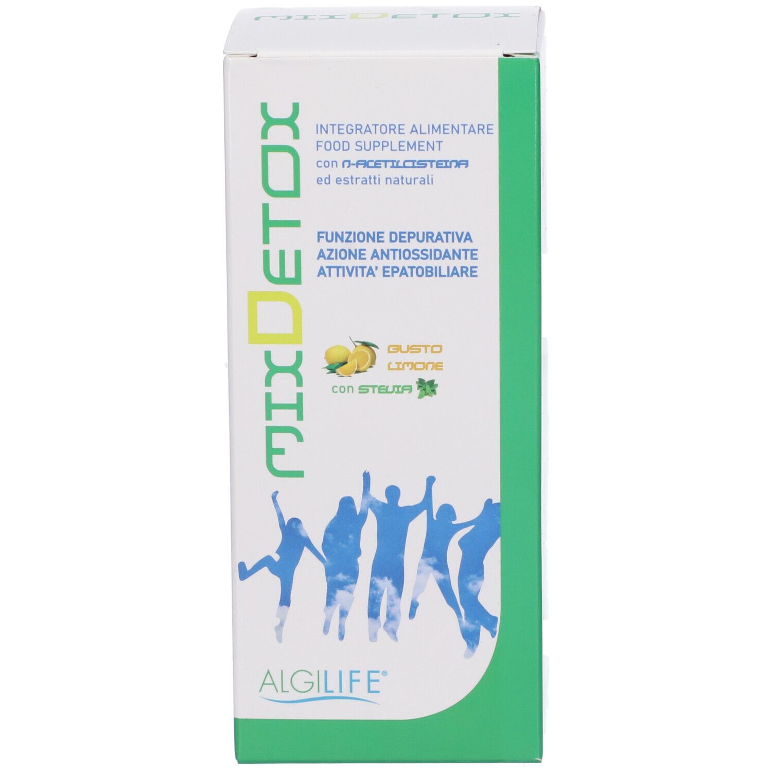 Scatola Algilife Mixdetox. Sulla scatola sono presenti testo, logo e illustrazioni.