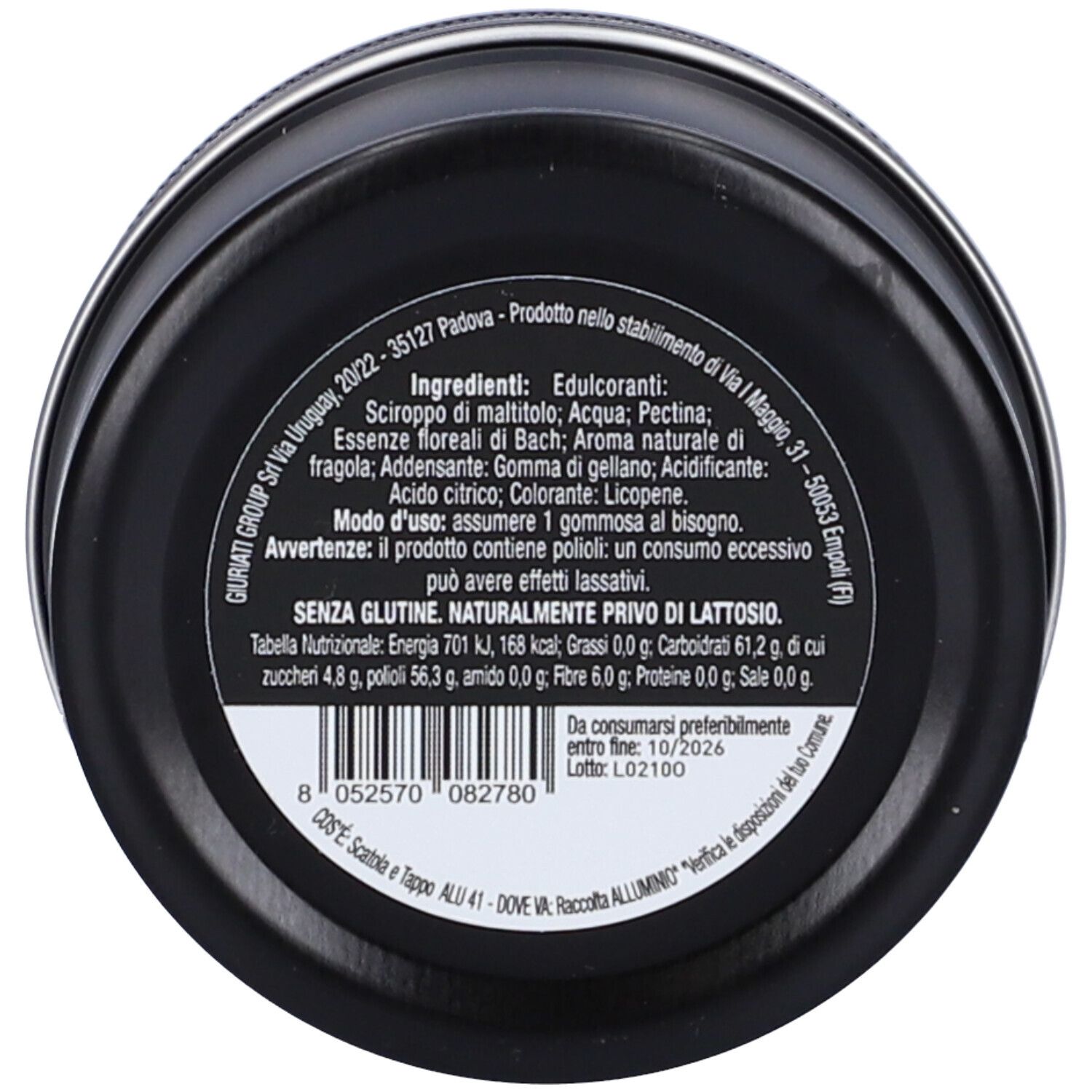 Coperchio nero con etichetta bianca. Elenco ingredienti, informazioni nutrizionali, senza glutine, senza lattosio. Da consumare preferibilmente entro 10/2026.