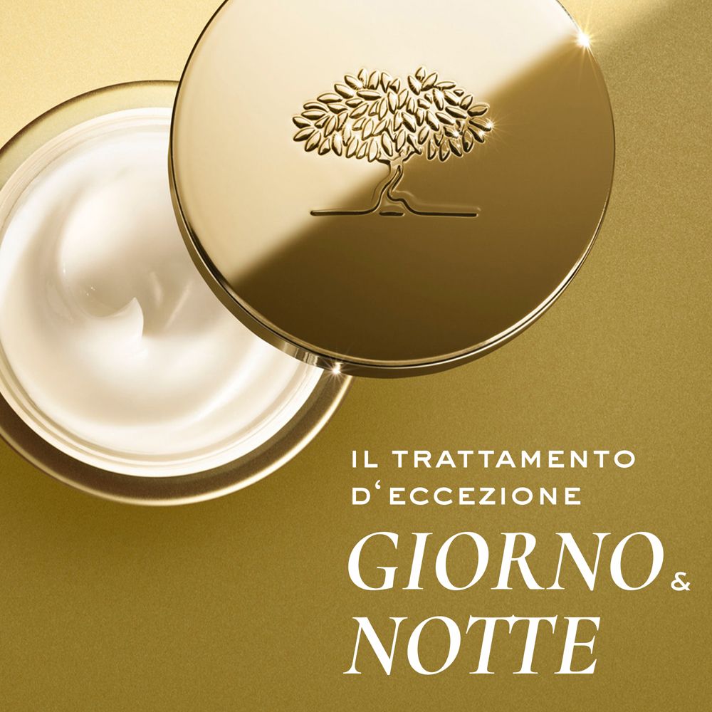 Coperchio dorato con logo albero e testo: Il trattamento d'eccezione, Giorno & Notte.