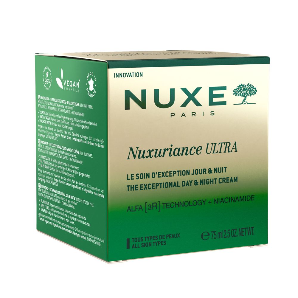 Scatola verde con testo: Nuxe, Nuxuriance Ultra, Le soin d'exception jour & nuit. Logo vegano.