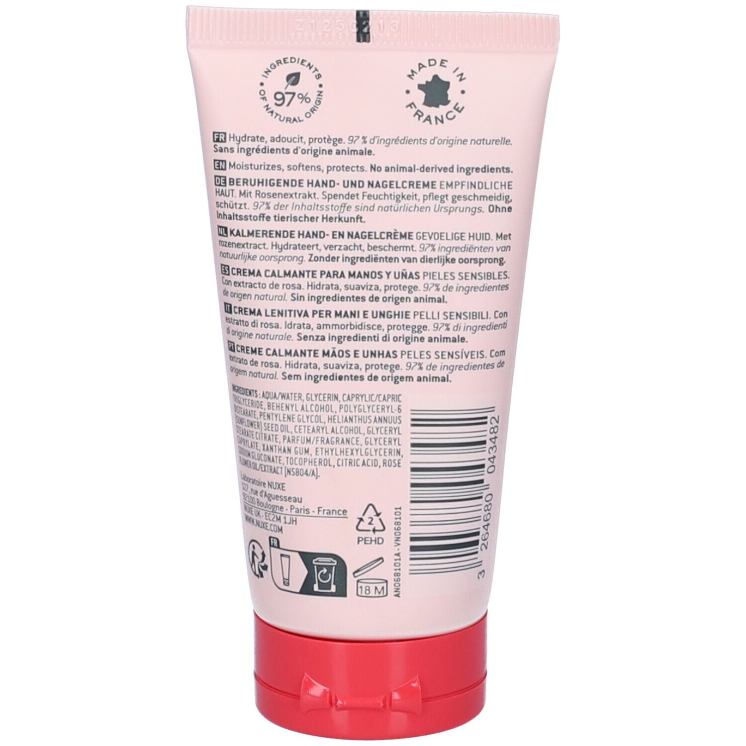 Retro del tubo rosa. Testo multilingue. Ingredienti e origine del prodotto. Prodotto in Francia.