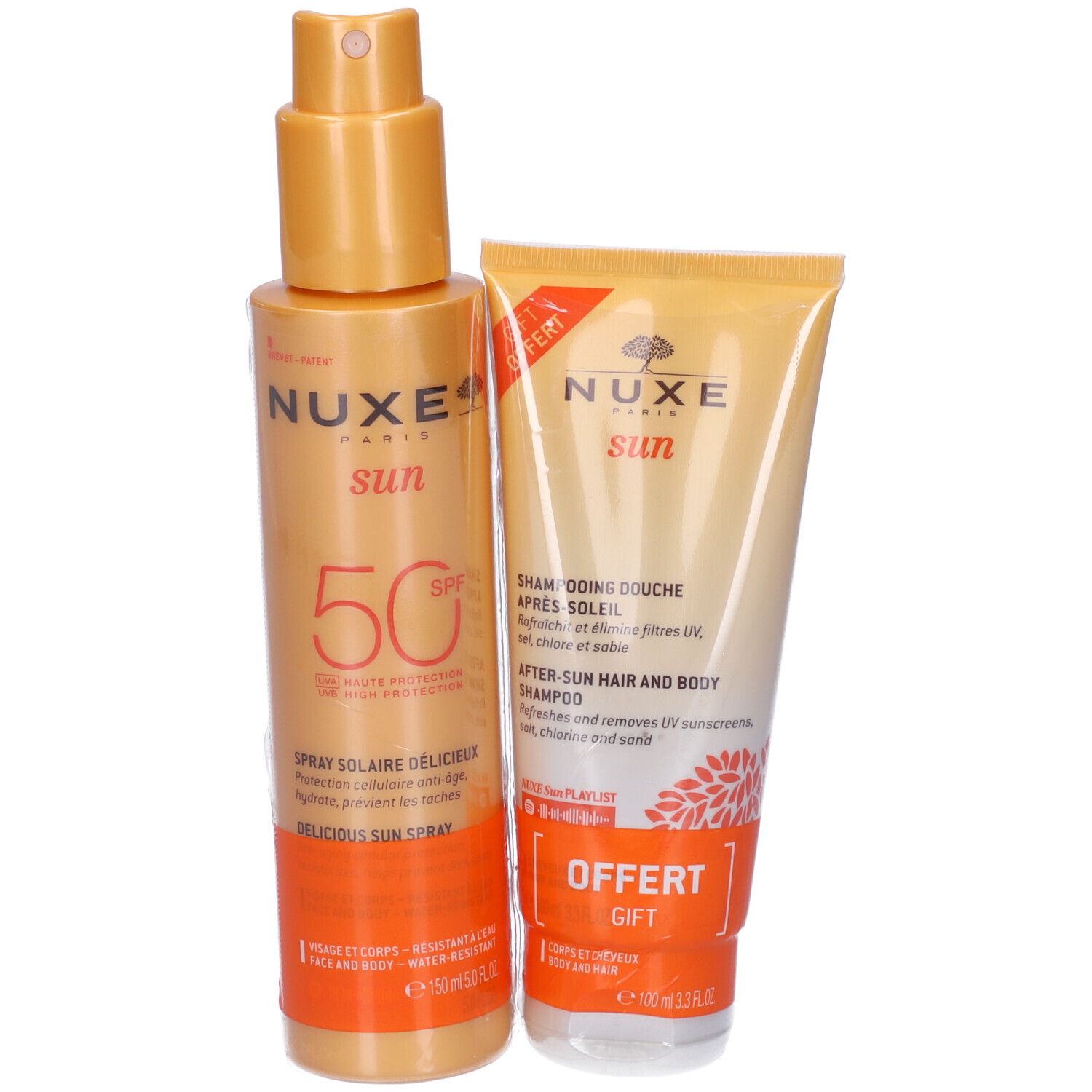 NUXE SUN Duo Spray Solare ad Alta Protezione SPF50 per Viso e Corpo + Shampoo Doccia Doposole