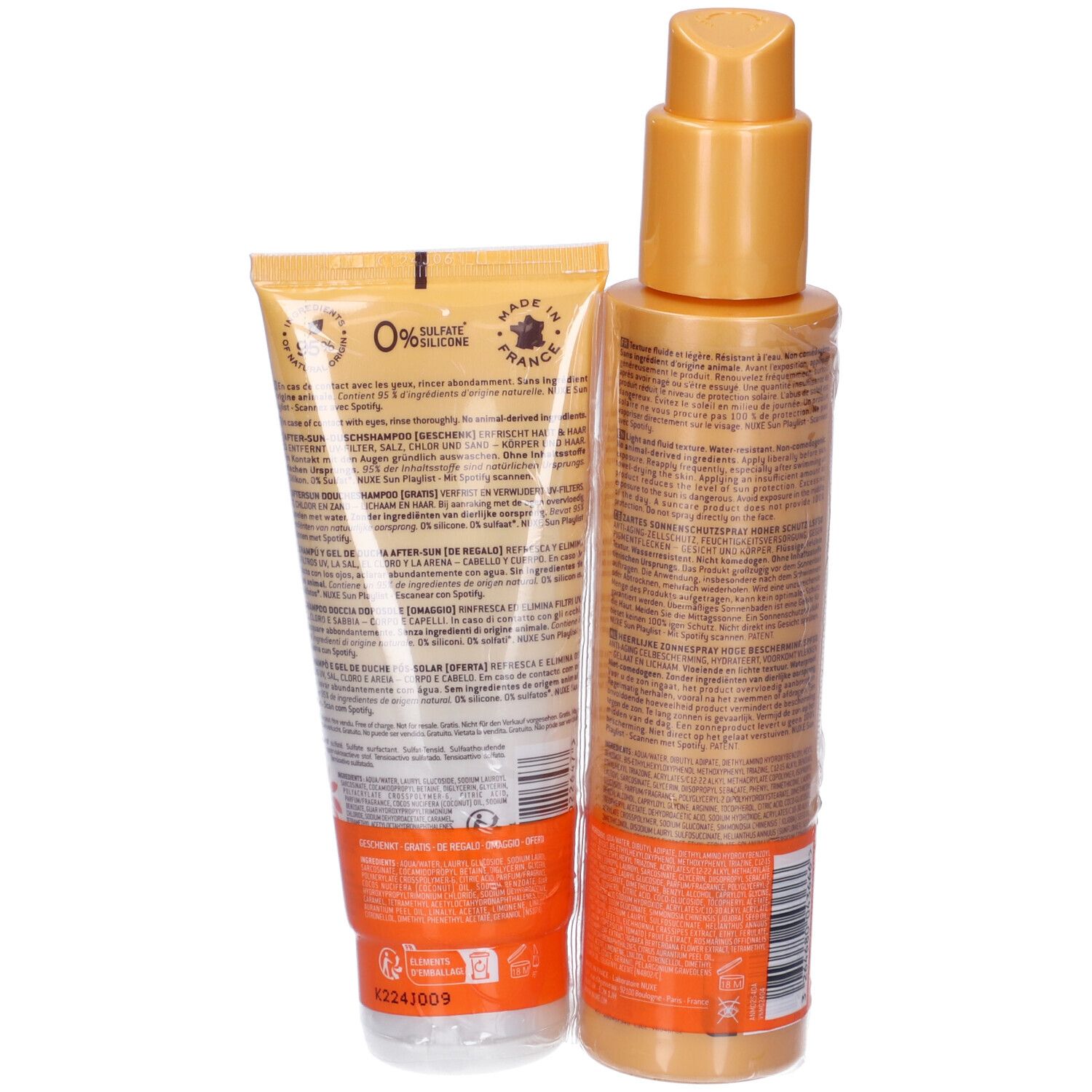 NUXE SUN Duo Spray Solare ad Alta Protezione SPF50 per Viso e Corpo + Shampoo Doccia Doposole