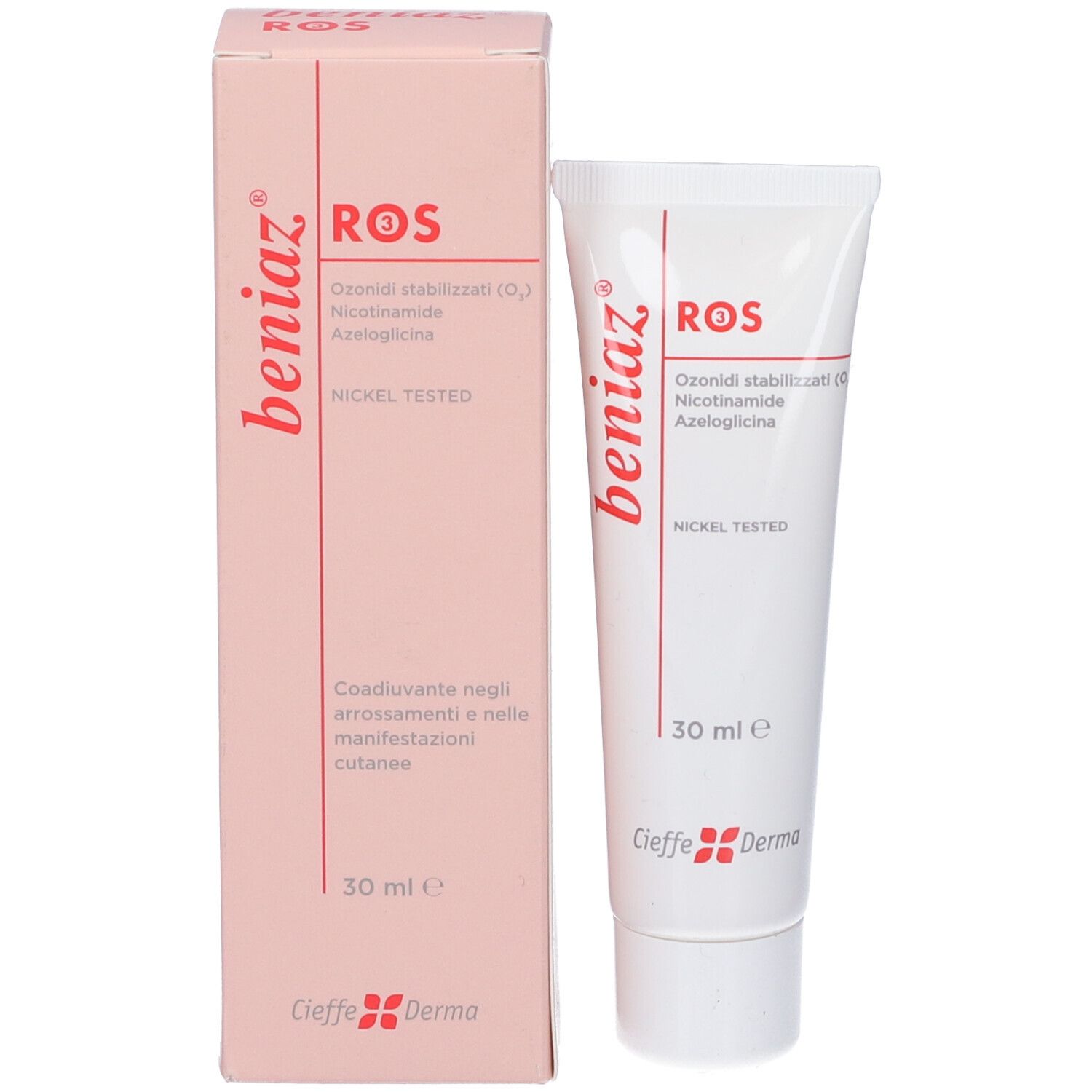 Confezione del prodotto con tubo. Scatola rosa con tubo. Scritta 'beniaz', 'ROS', '30 ml' e 'Nickel Tested'.