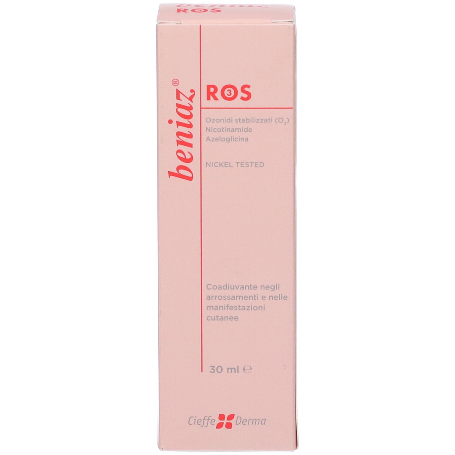 Scatola rosa con scritta 'beniaz', 'ROS', '30 ml' e 'Nickel Tested'. Logo 'Cieffe Derma'.