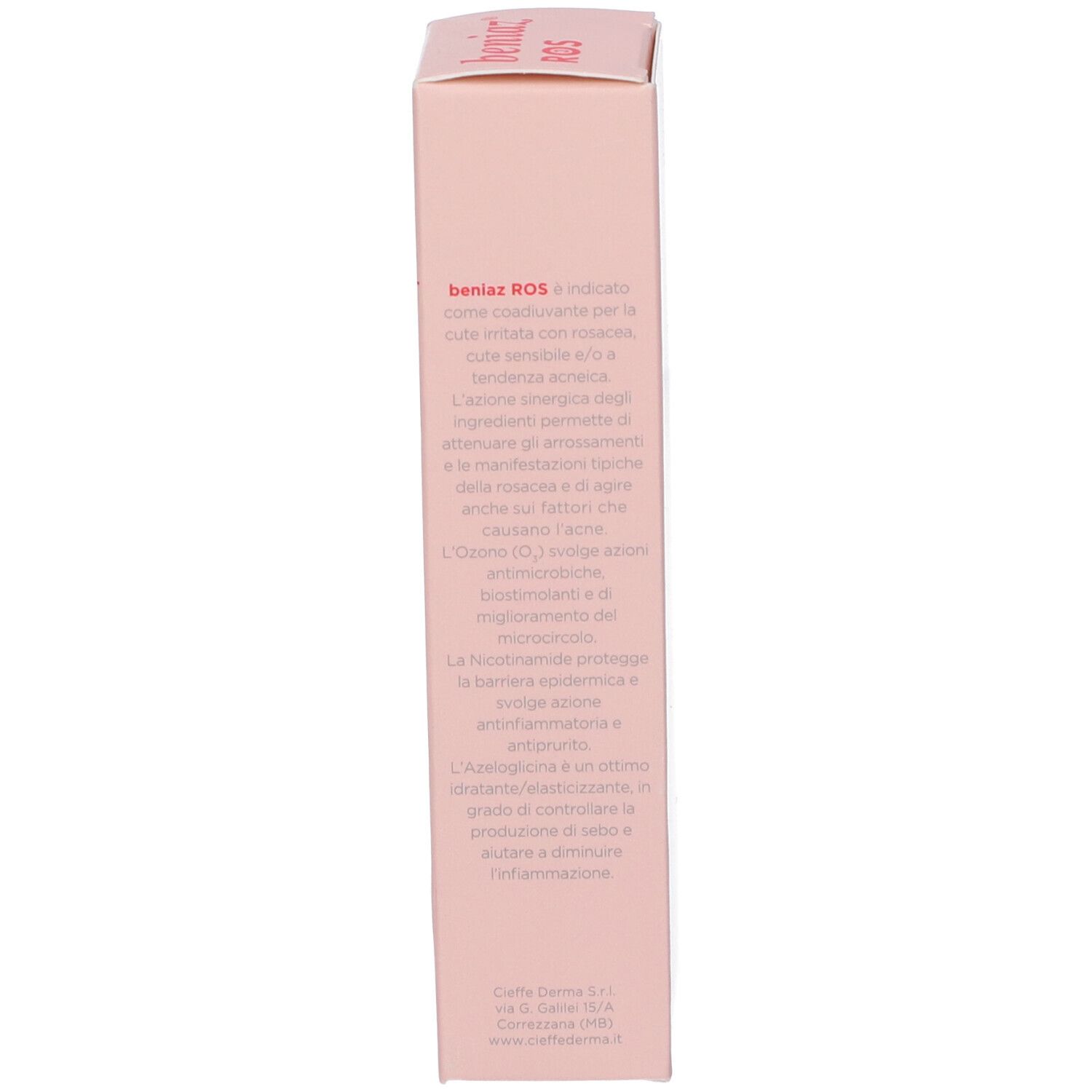 Scatola rosa, vista laterale. Testo con informazioni sul prodotto. Logo 'Cieffe Derma'.